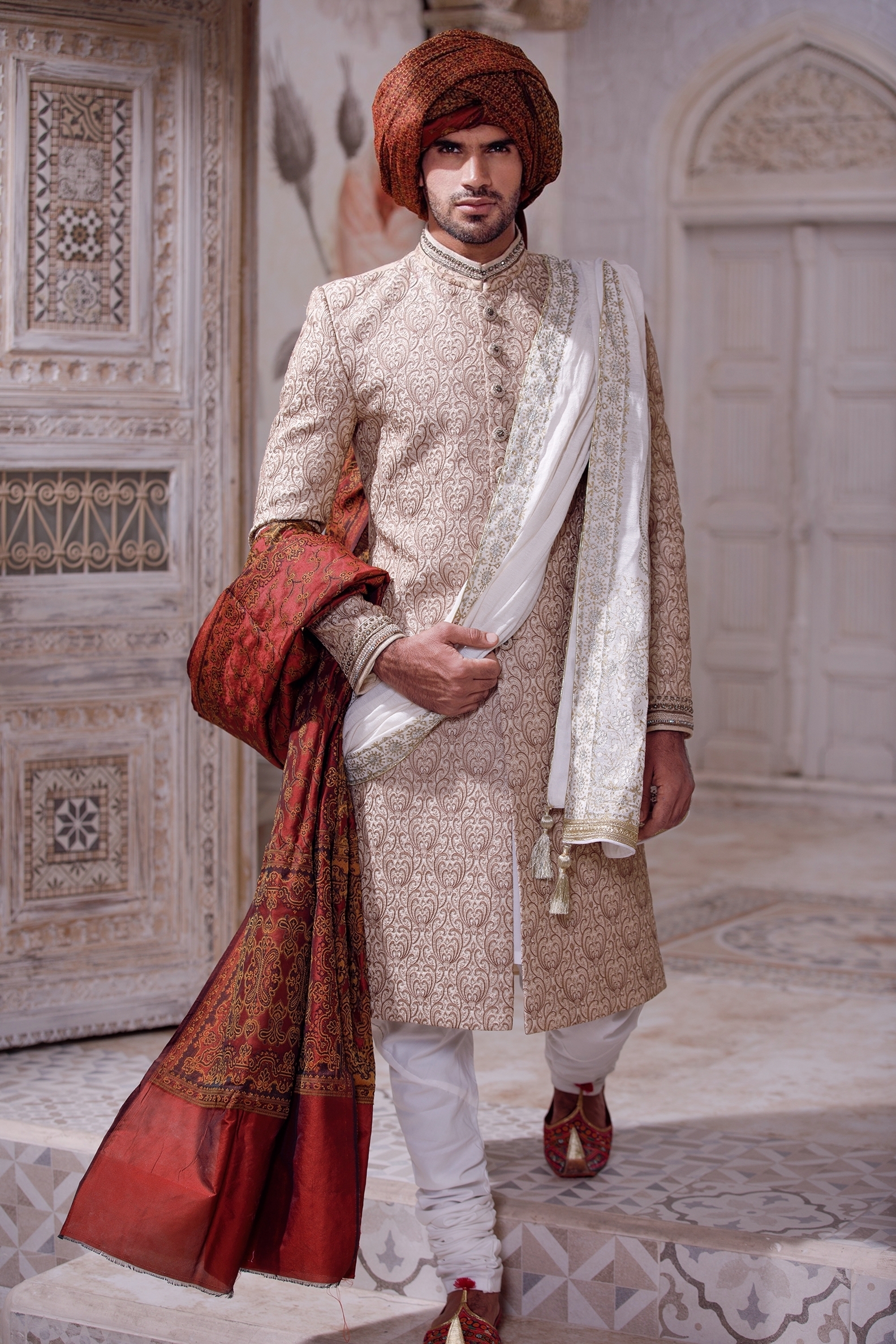 Ivory White Jacquard Groom Sherwani (4-Piece) - Image 2