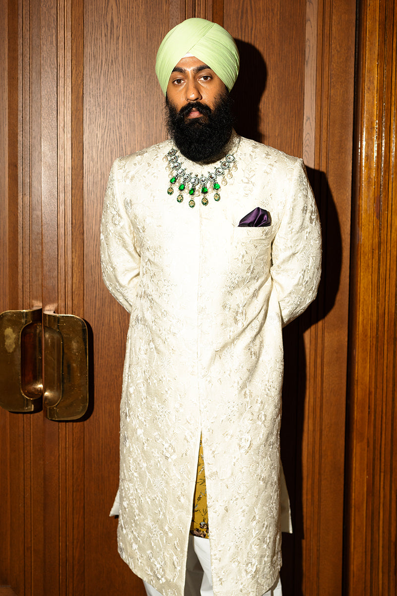 Ivory Tilla Embroidered Silk Jamawar Sherwani (2-Piece) - Image 2