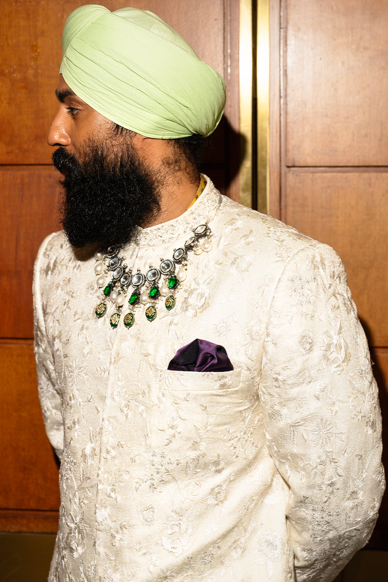 Ivory Tilla Embroidered Silk Jamawar Sherwani (2-Piece) - Image 3