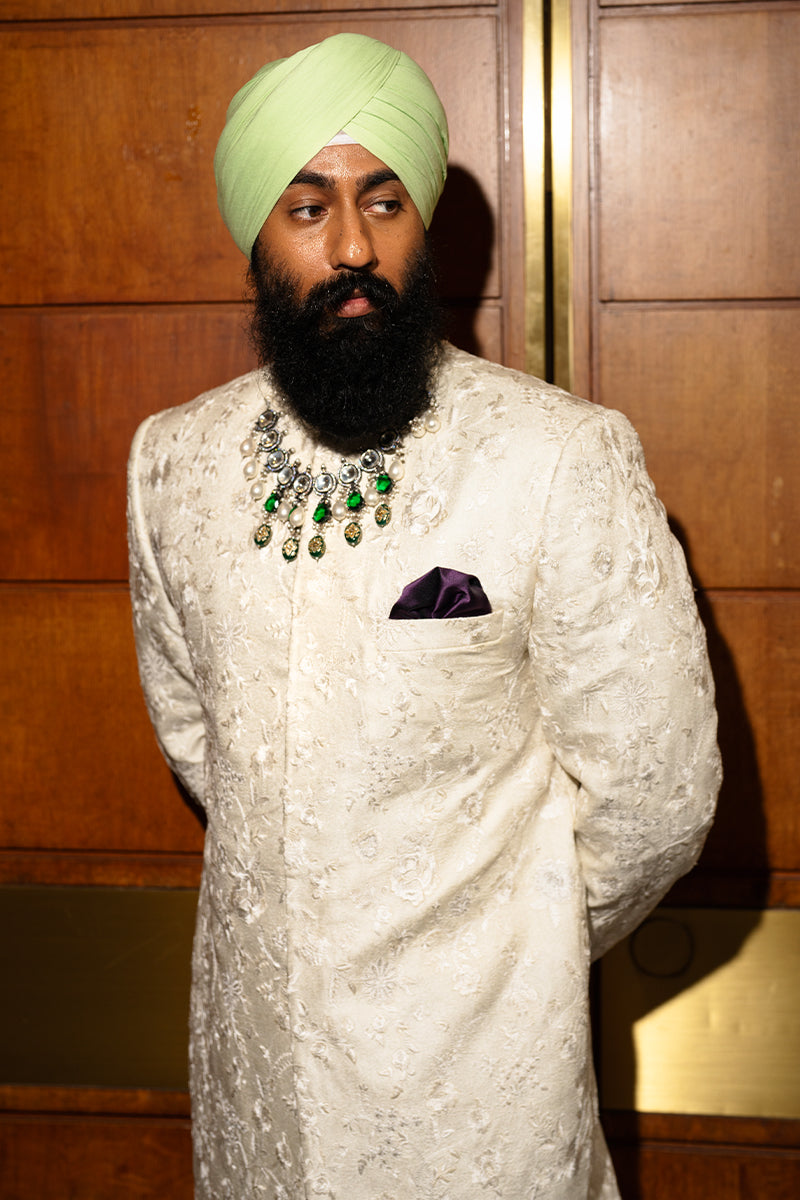 Ivory Tilla Embroidered Silk Jamawar Sherwani (2-Piece) - Image 5