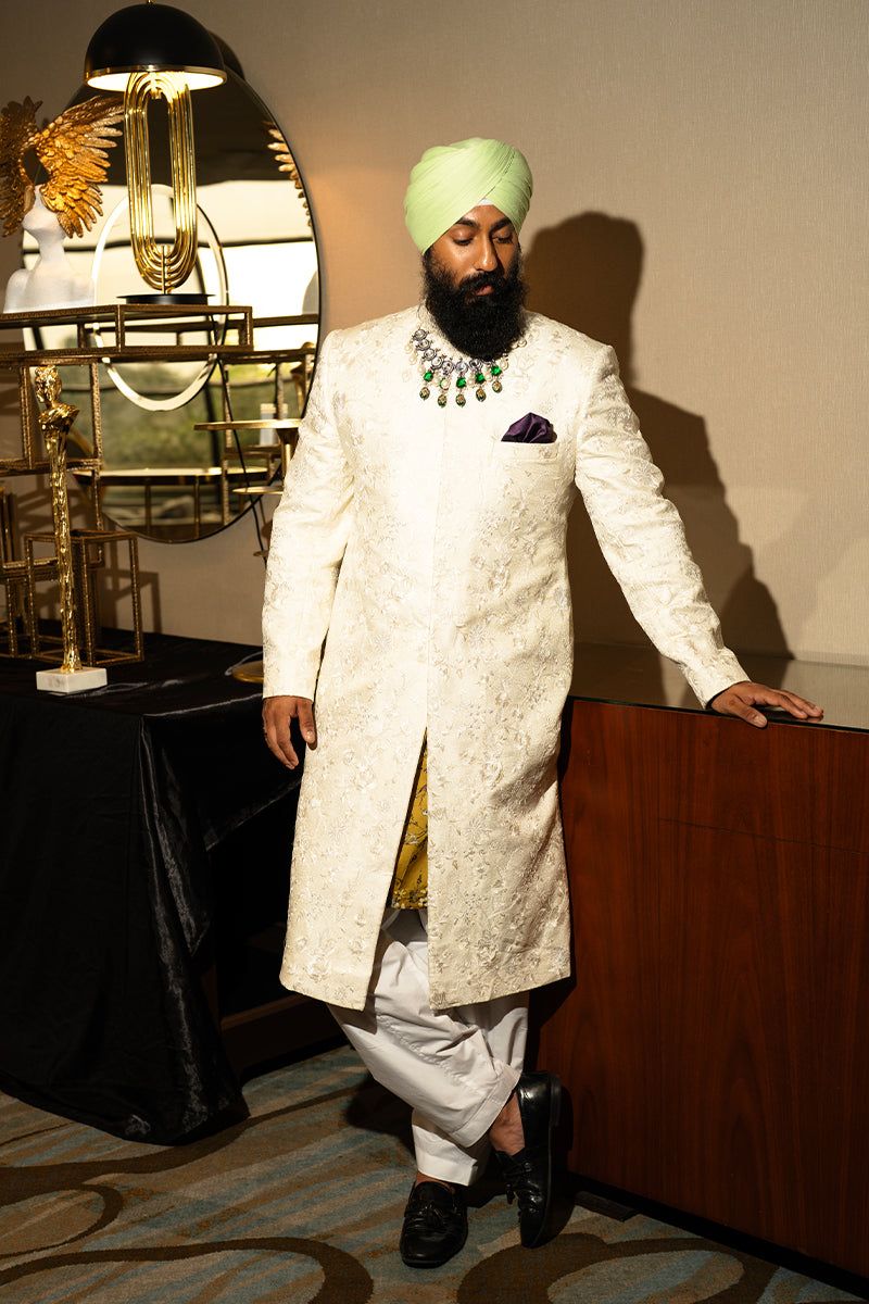 Ivory Tilla Embroidered Silk Jamawar Sherwani (2-Piece) - Image 6