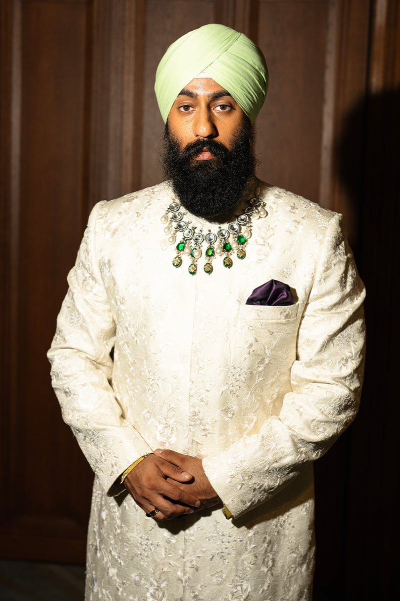 Ivory Tilla Embroidered Silk Jamawar Sherwani (2-Piece) - Image 7