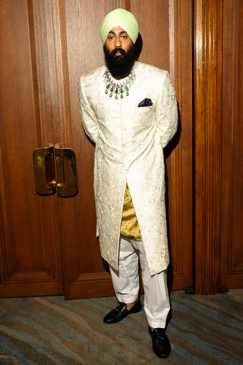 Ivory Tilla Embroidered Silk Jamawar Sherwani (2-Piece) - Image 8