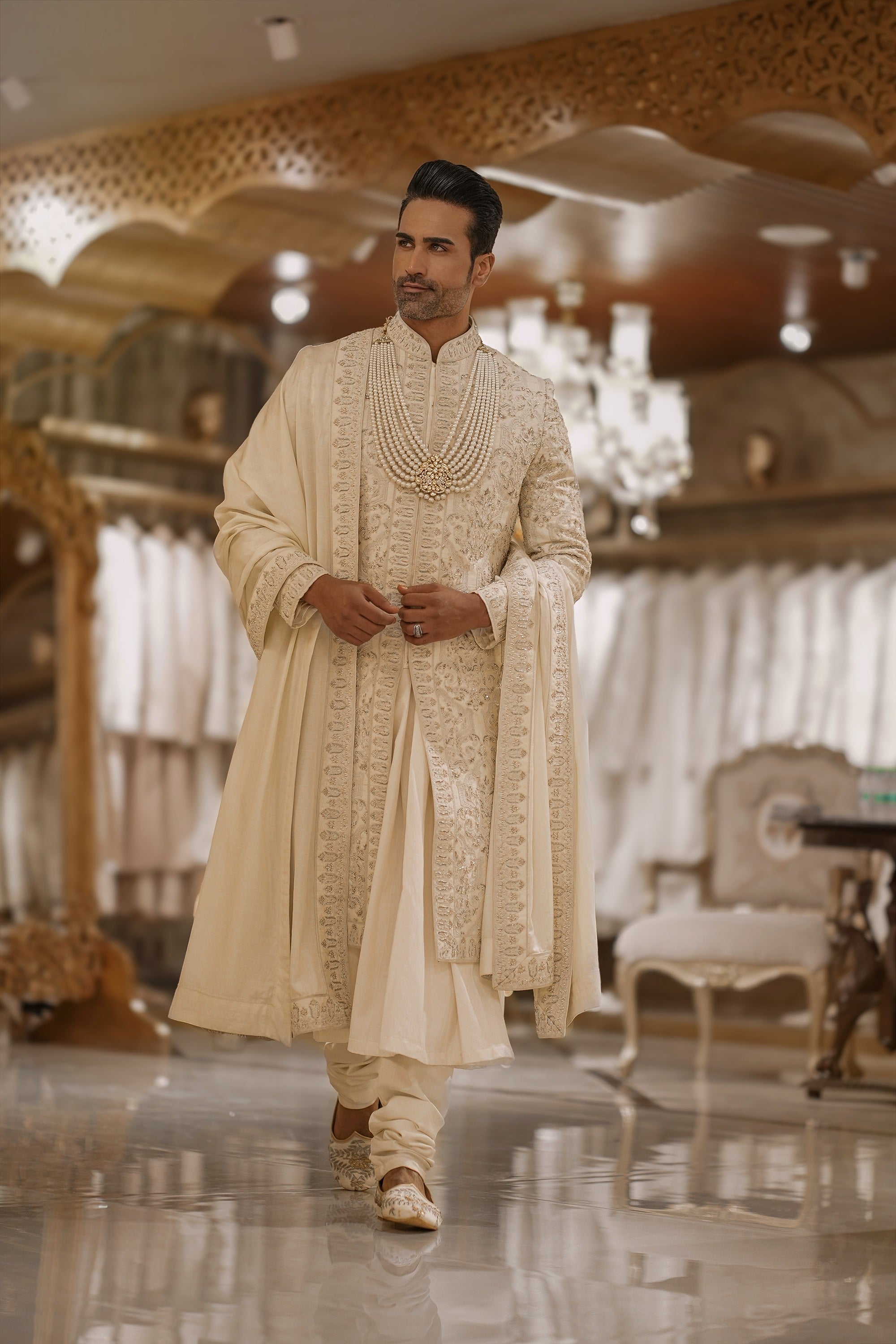 Ivory Pearl Embroidered Silk Sherwani (3-Piece) - Image 1
