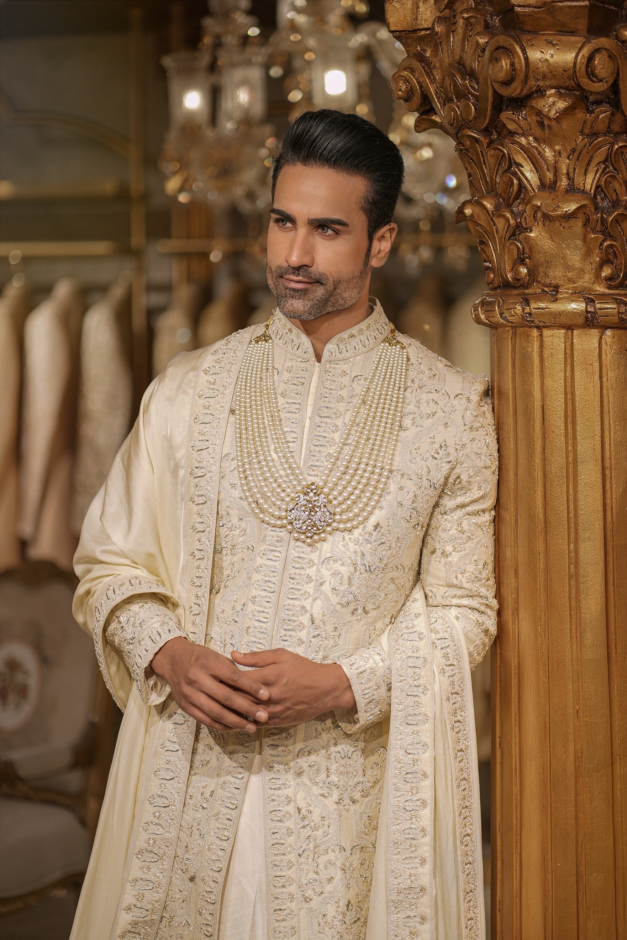 Ivory Pearl Embroidered Silk Sherwani (3-Piece) - Image 2