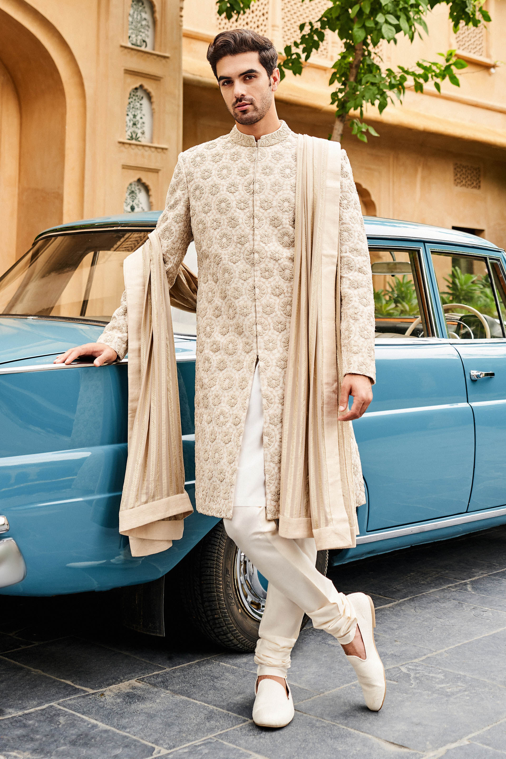 Off-White Embroidered Silk Sherwani (3-Piece) - Image 1