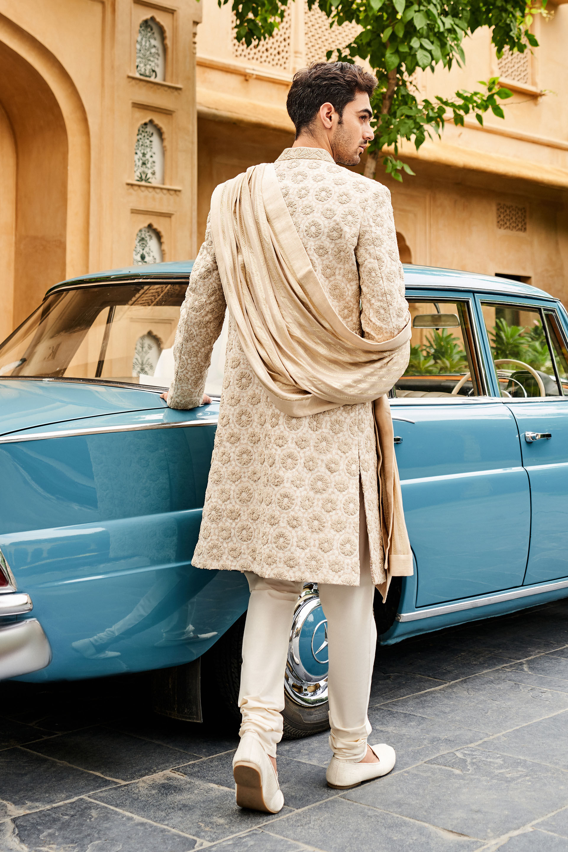 Off-White Embroidered Silk Sherwani (3-Piece) - Image 2