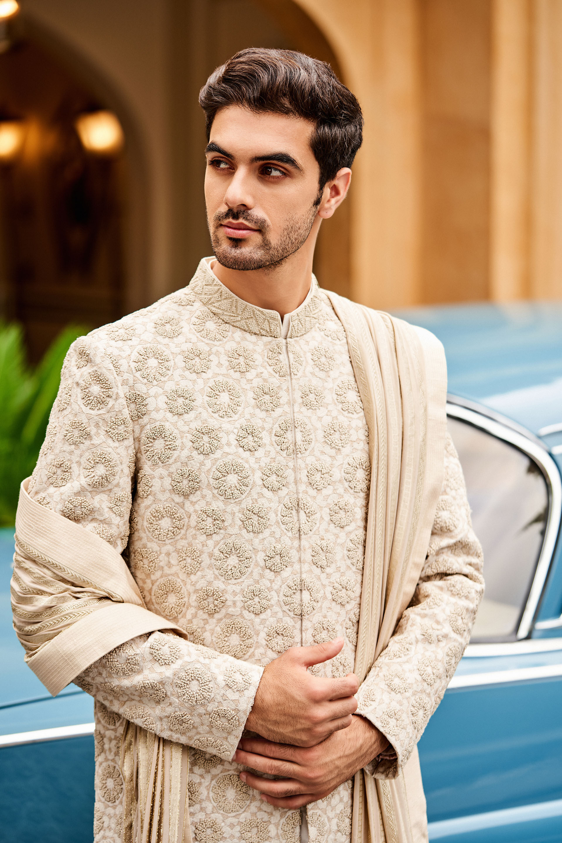 Off-White Embroidered Silk Sherwani (3-Piece) - Image 3