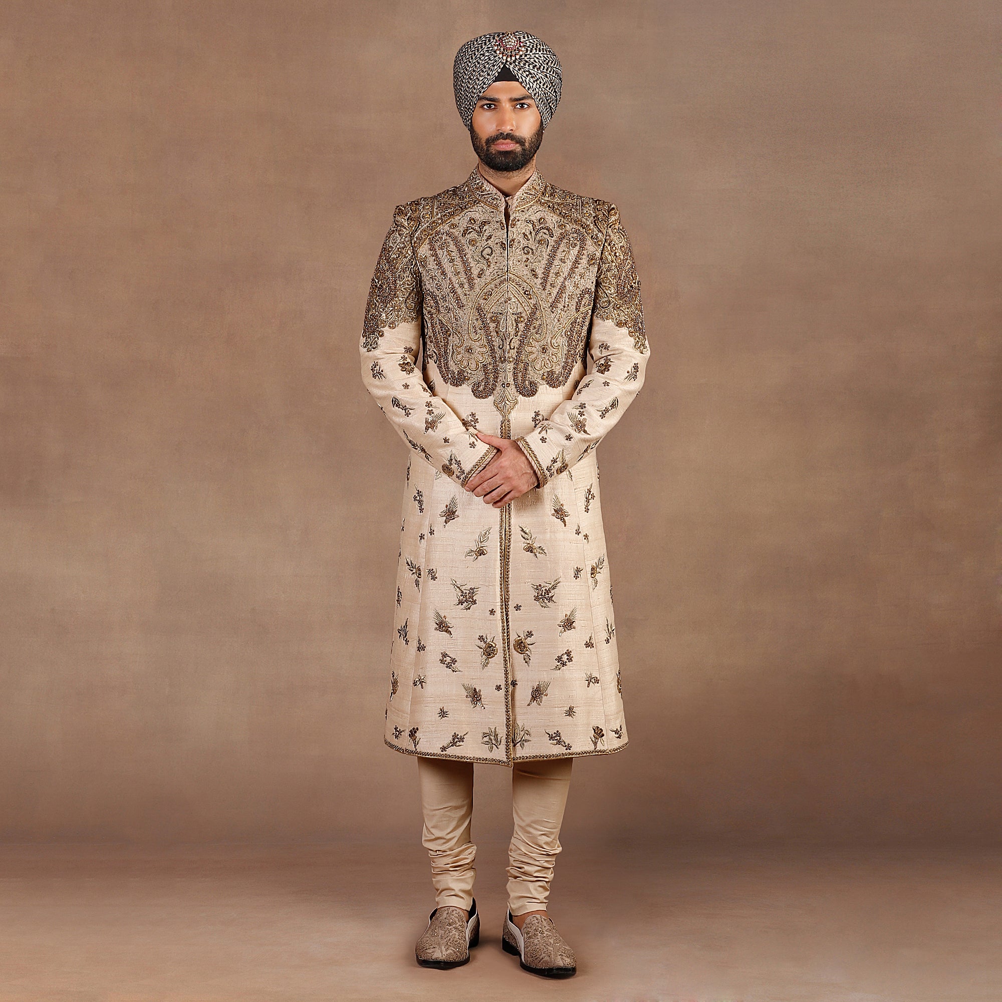 Crème Ivory Silk Sherwani with Antique Gold Embroidery (3-Piece) - Image 1