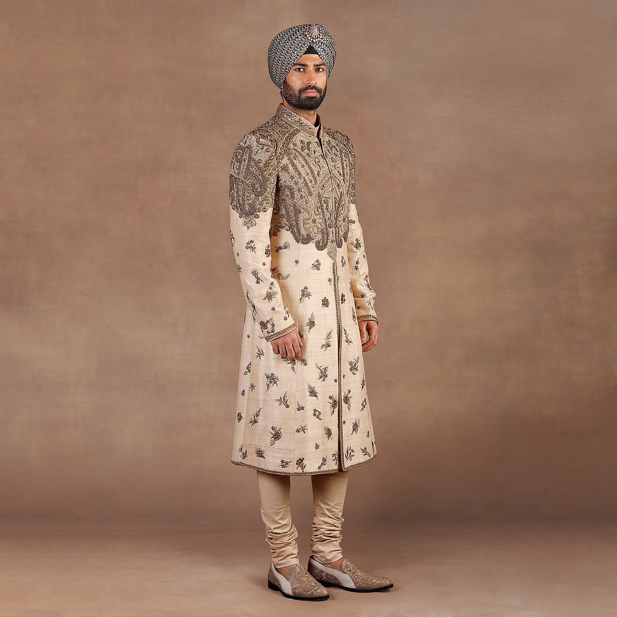 Crème Ivory Silk Sherwani with Antique Gold Embroidery (3-Piece) - Image 2