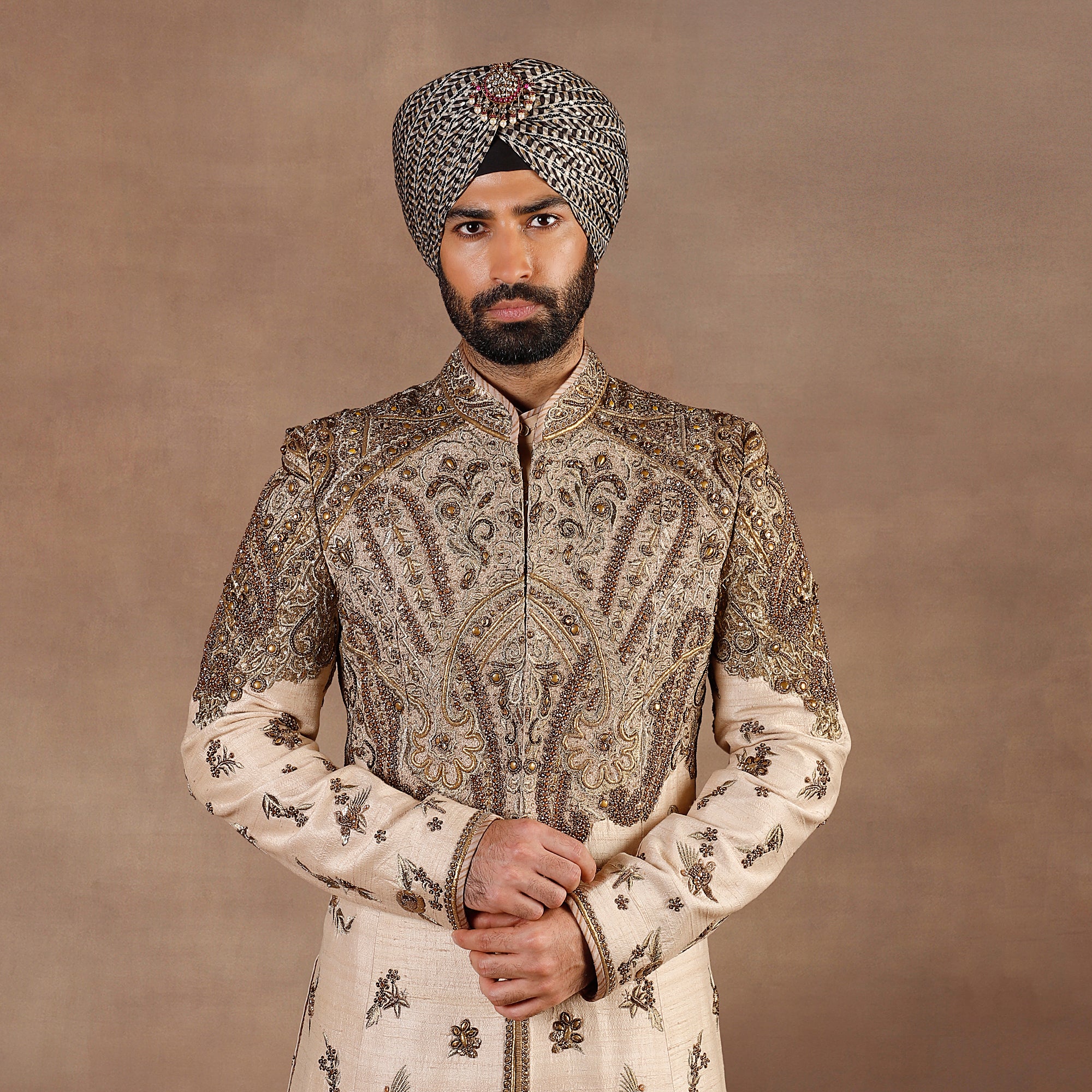 Crème Ivory Silk Sherwani with Antique Gold Embroidery (3-Piece) - Image 4