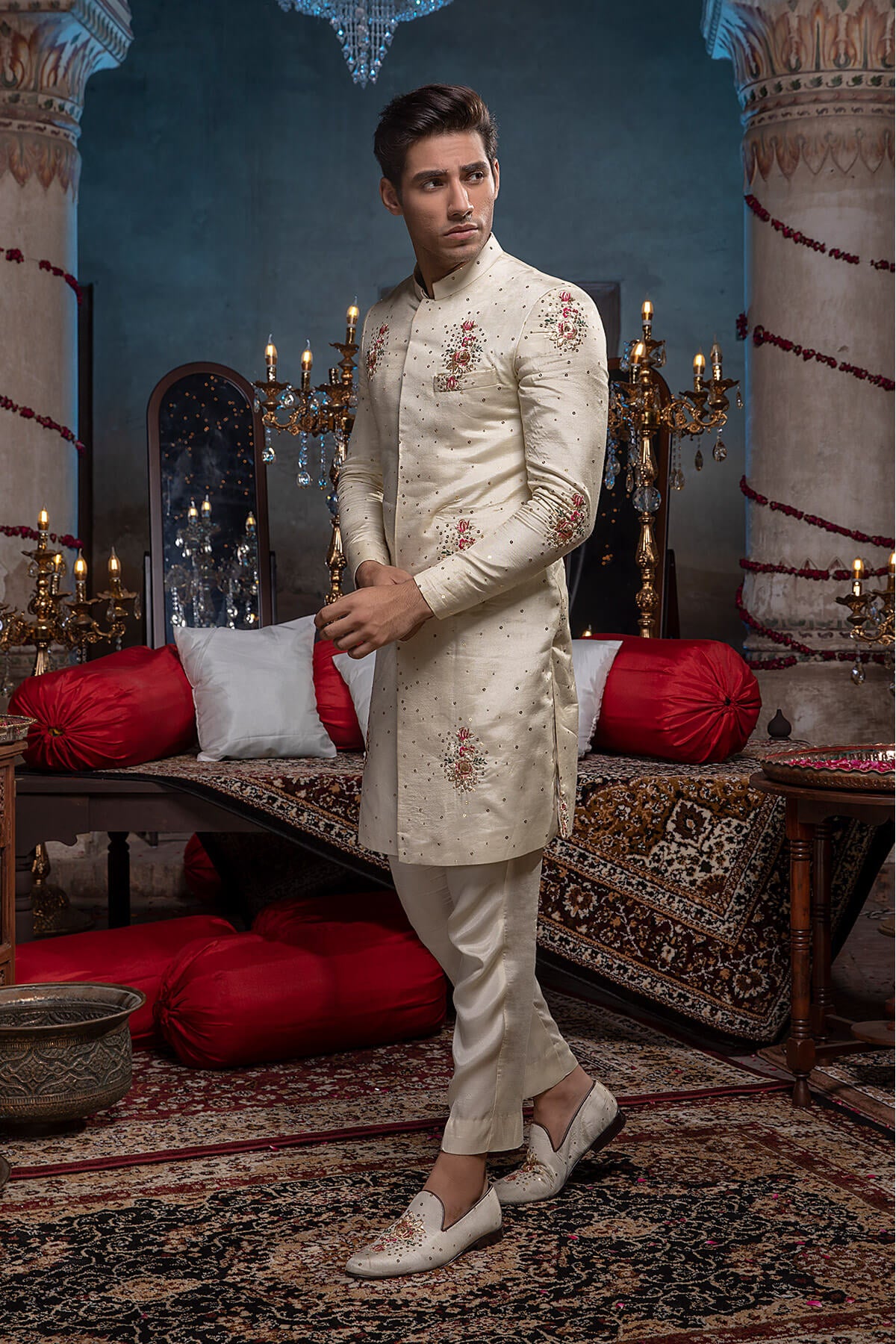 Ivory Embroidered Silk Sherwani (2-Piece) - Image 2