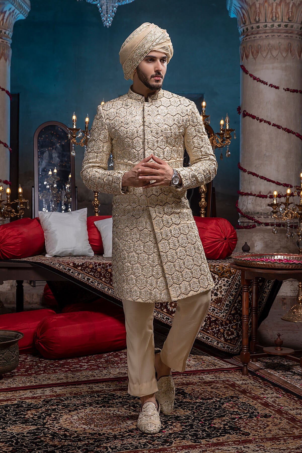 Ivory Embroidered Silk Sherwani (2-Piece) - Image 3