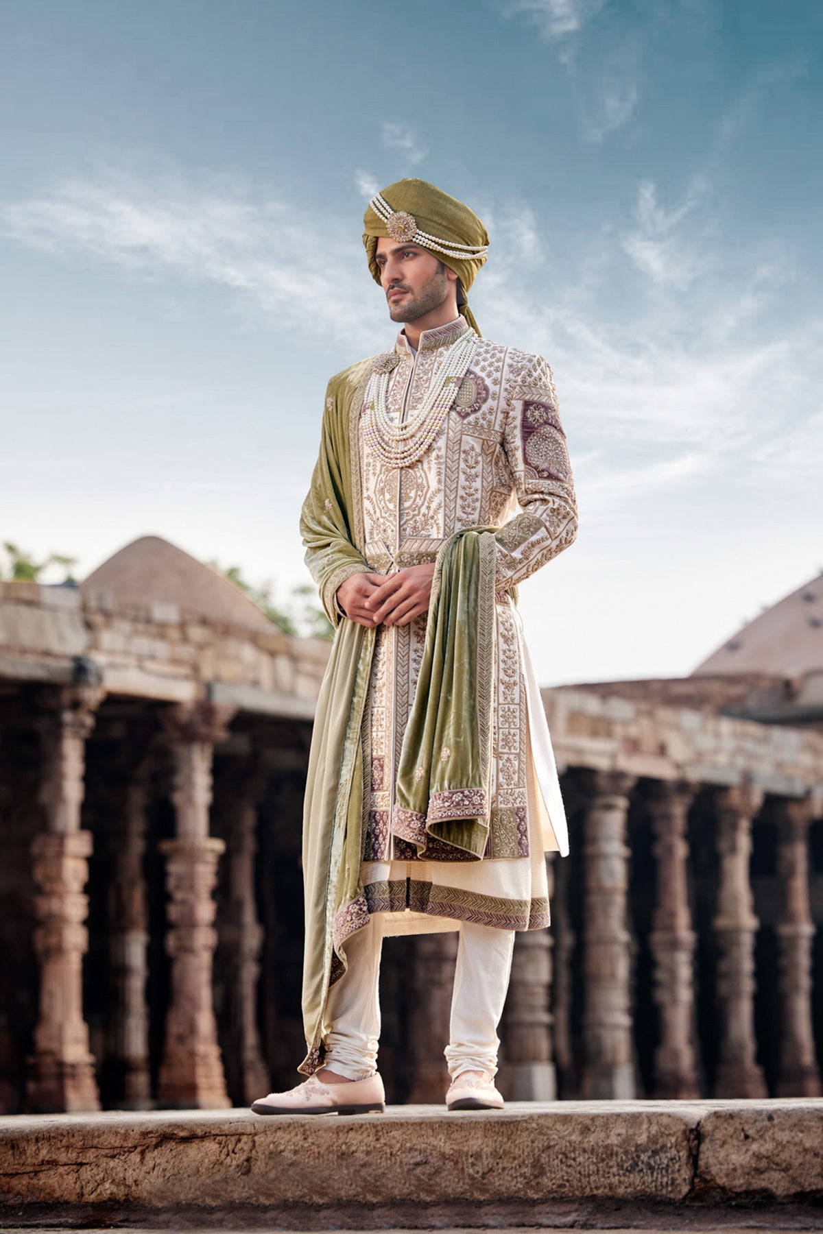 Ivory Zari Embroidered Silk & Velvet Sherwani (3-Piece) - Image 1