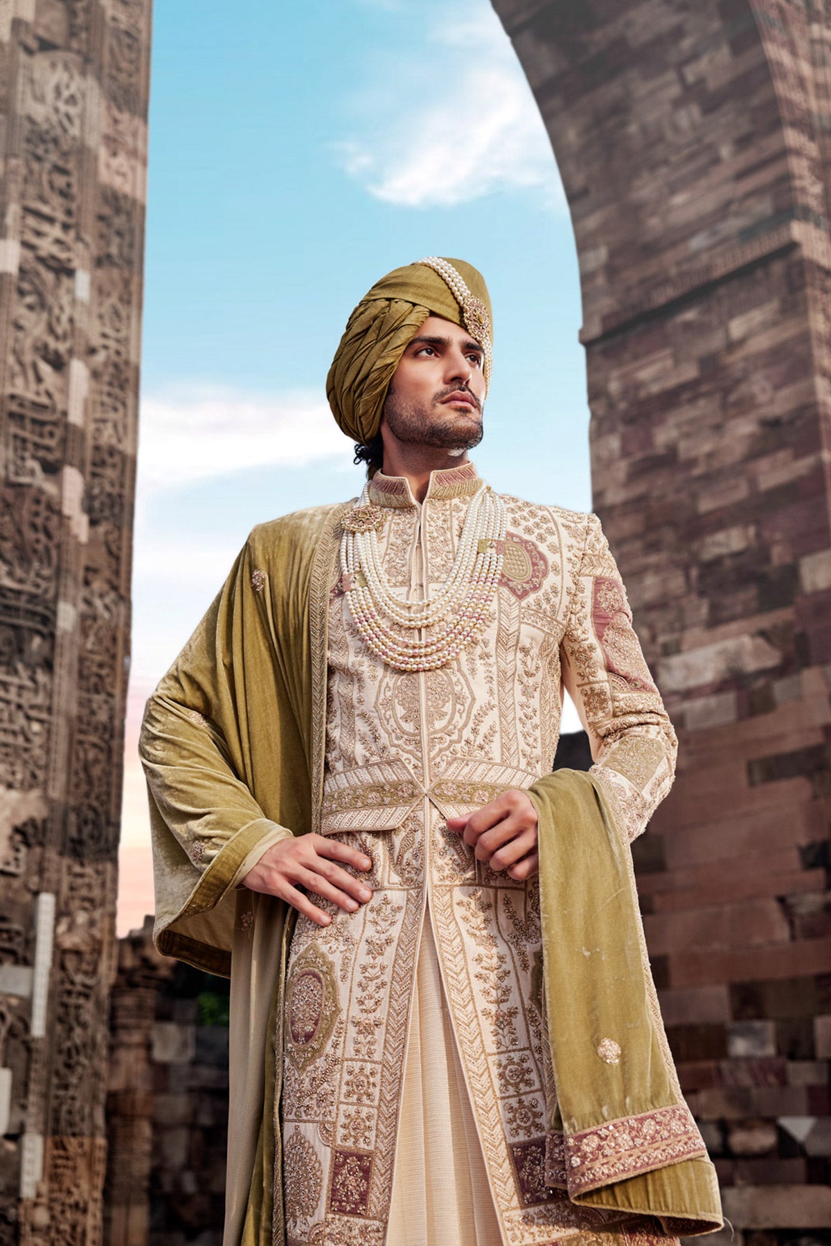 Ivory Zari Embroidered Silk & Velvet Sherwani (3-Piece) - Image 2