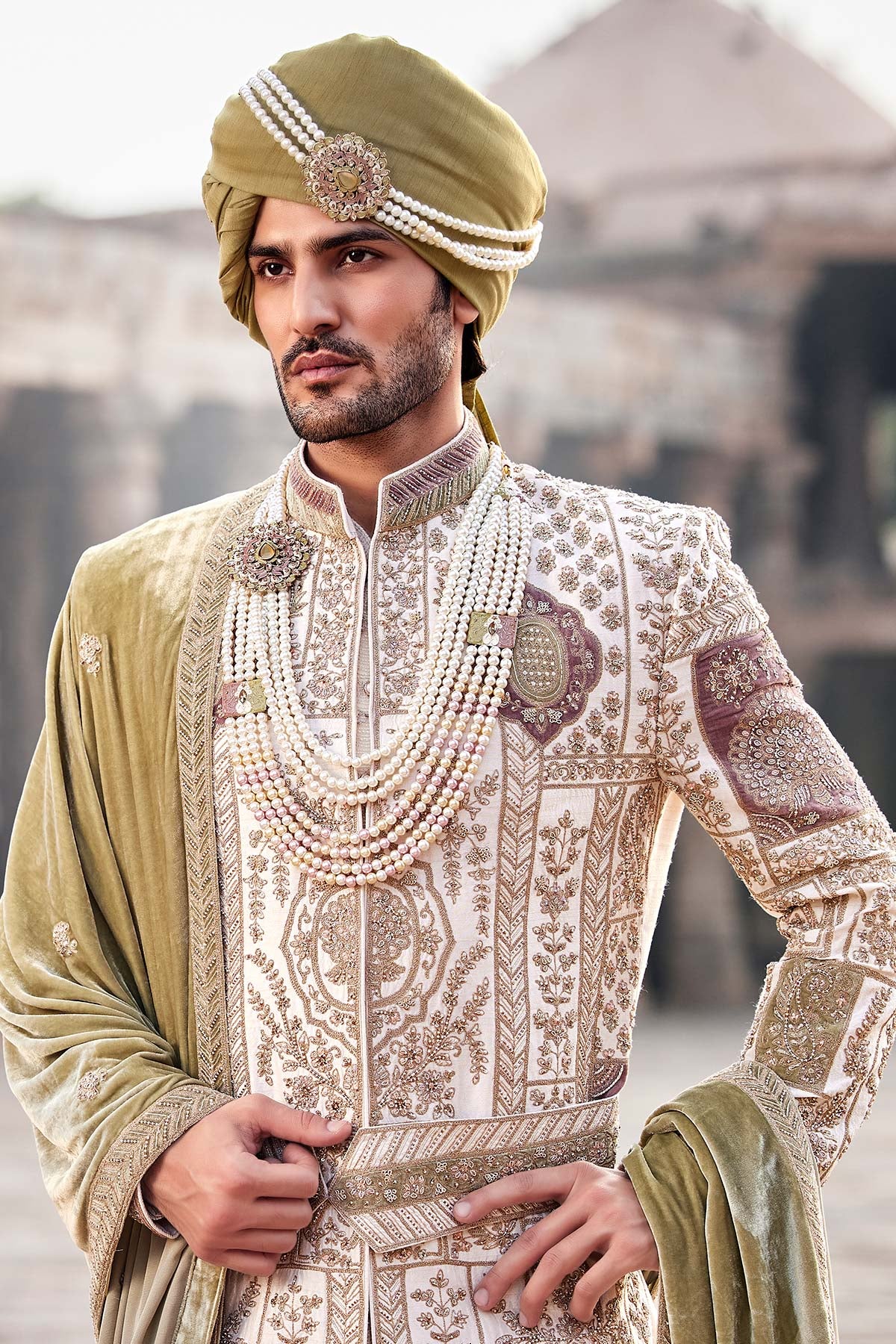 Ivory Zari Embroidered Silk & Velvet Sherwani (3-Piece) - Image 5