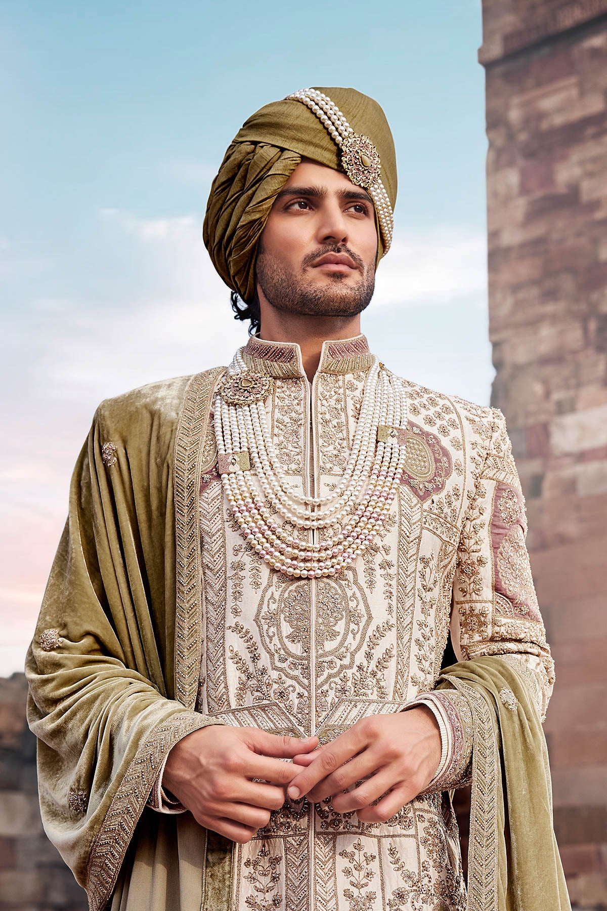 Ivory Zari Embroidered Silk & Velvet Sherwani (3-Piece) - Image 6
