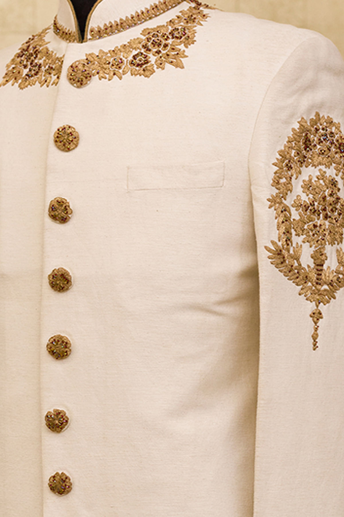 Off-White Zari Cutdana Silk Sherwani (2-Piece) - Image 2