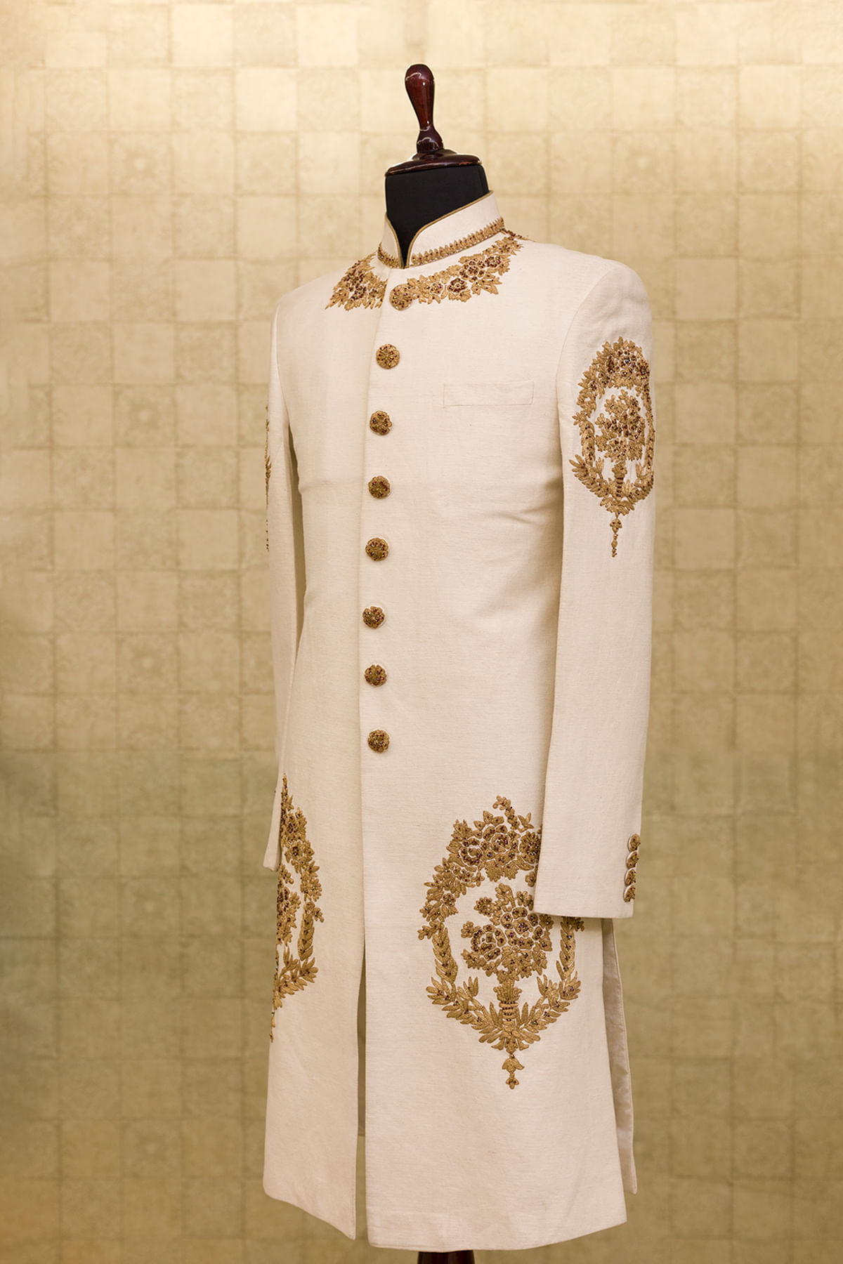 Off-White Zari Cutdana Silk Sherwani (2-Piece) - Image 3