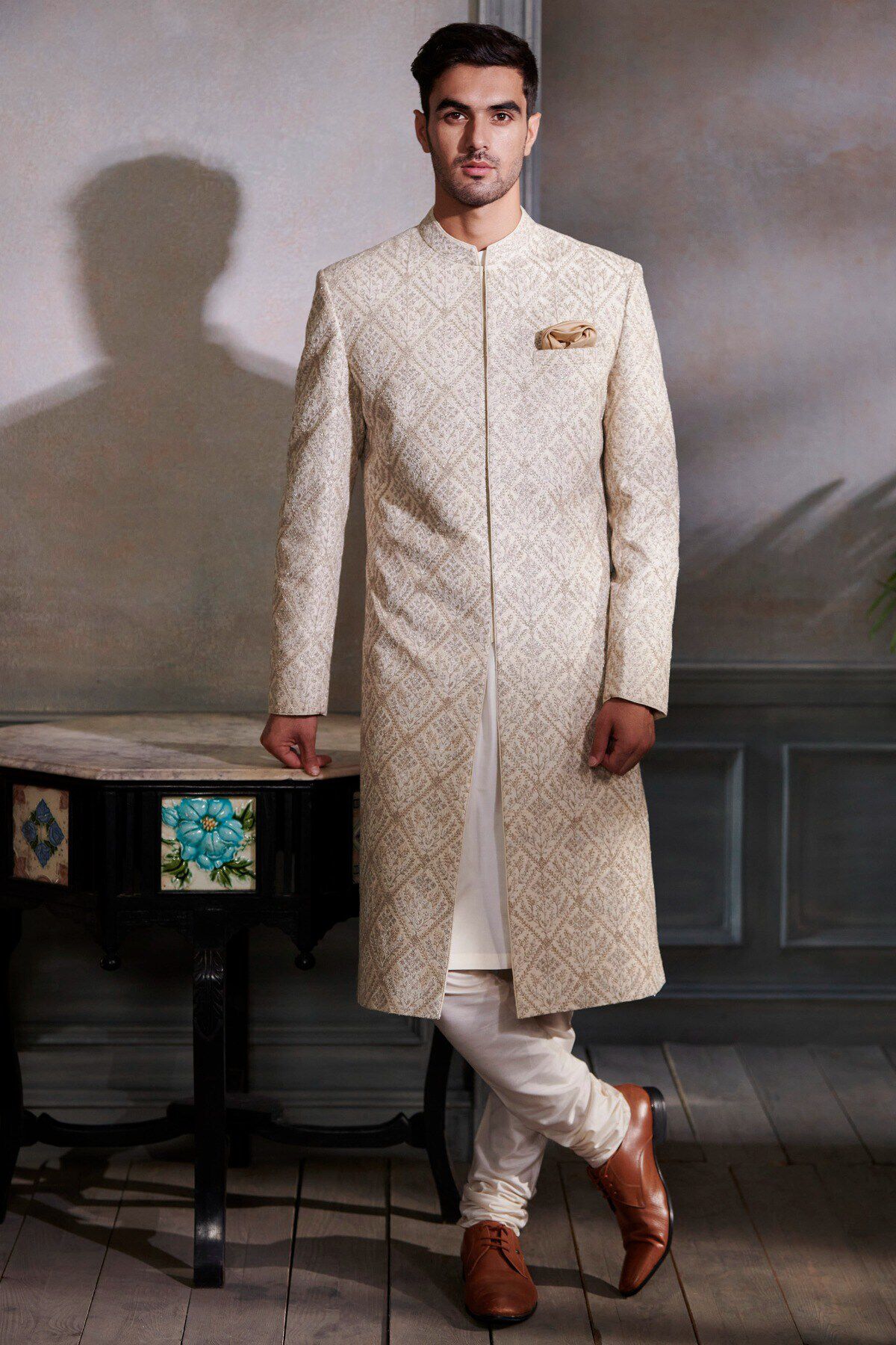 Ivory Gold Zari Resham Silk Sherwani (2-Piece) - Image 1