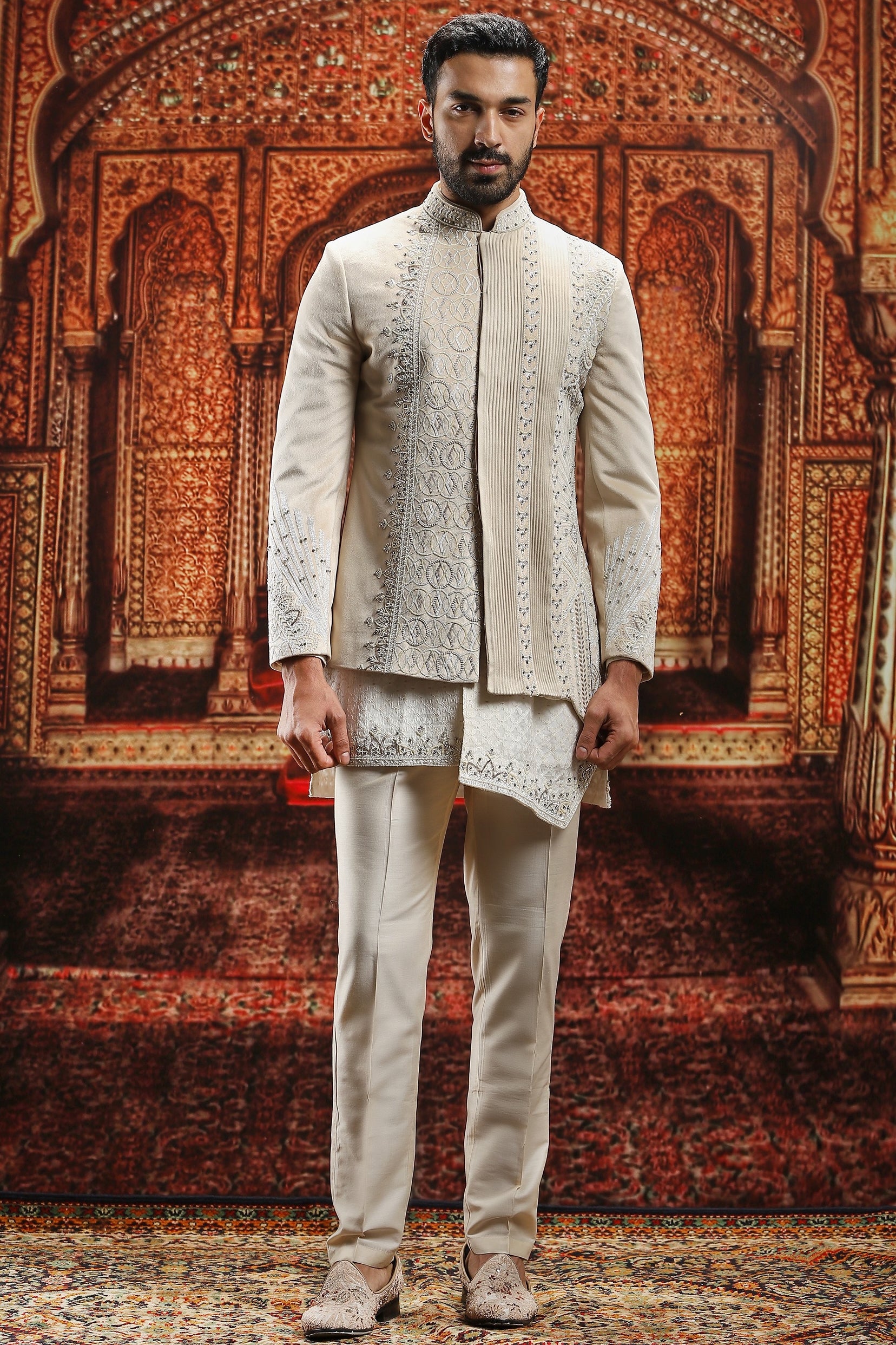 Ivory Embroidered Suede Bandhgala Sherwani (3-Piece) - Image 1