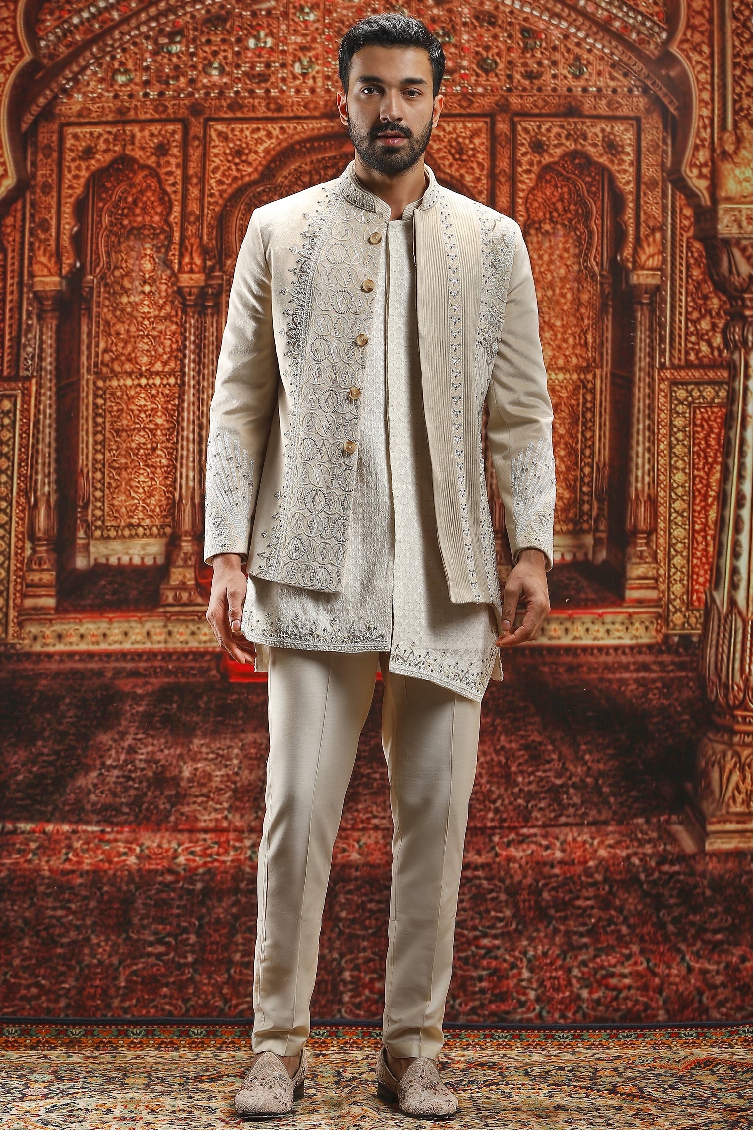 Ivory Embroidered Suede Bandhgala Sherwani (3-Piece) - Image 2
