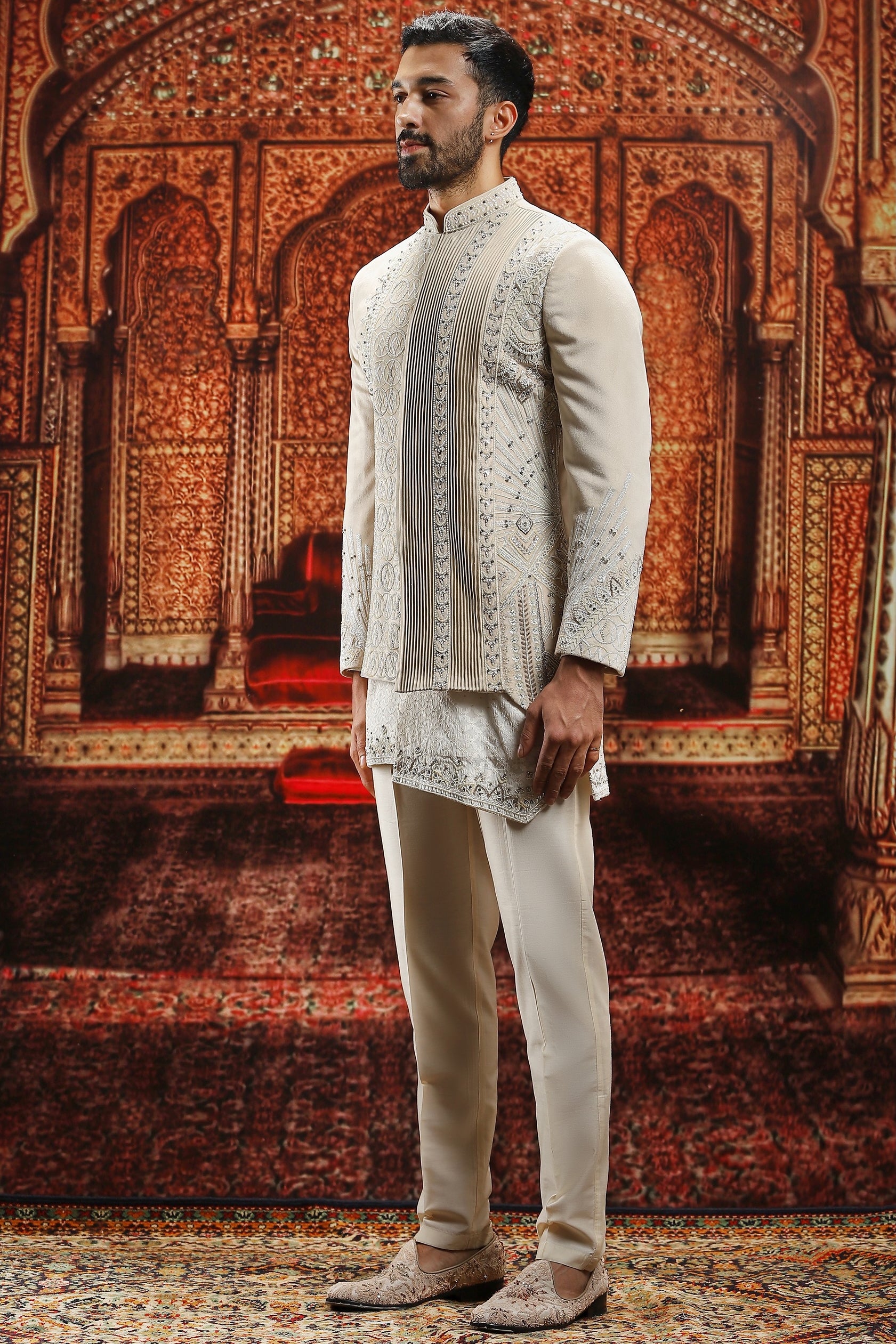 Ivory Embroidered Suede Bandhgala Sherwani (3-Piece) - Image 3