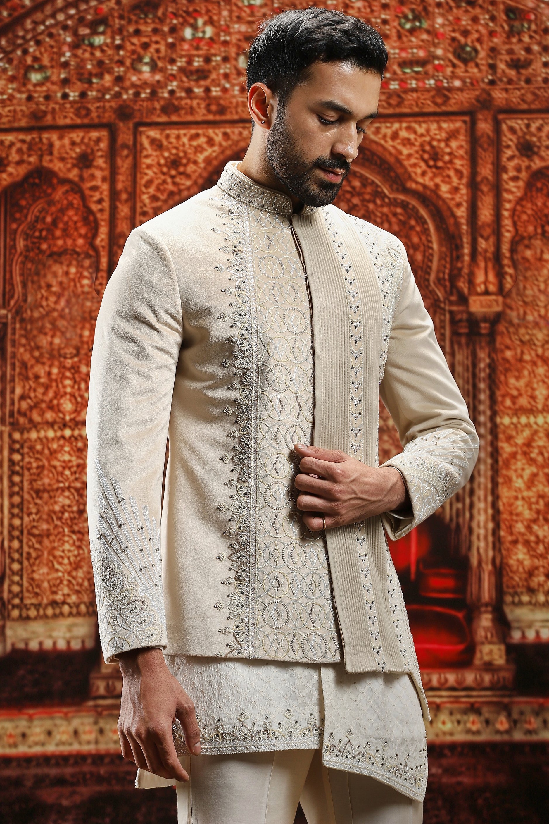Ivory Embroidered Suede Bandhgala Sherwani (3-Piece) - Image 4