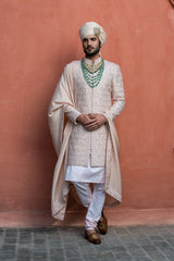 Nude Embroidered Taffeta Silk Sherwani (3-Piece) - Image 2