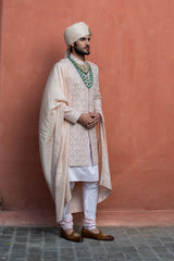 Nude Embroidered Taffeta Silk Sherwani (3-Piece) - Image 4