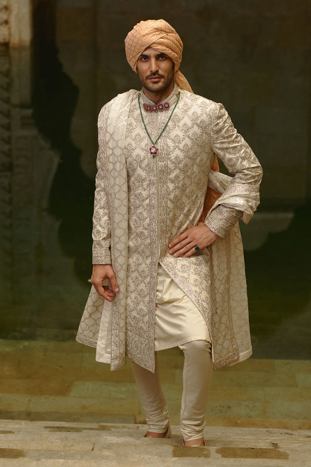 Ivory Dabka Jaal Taffeta Silk Sherwani (3-Piece) - Image 2