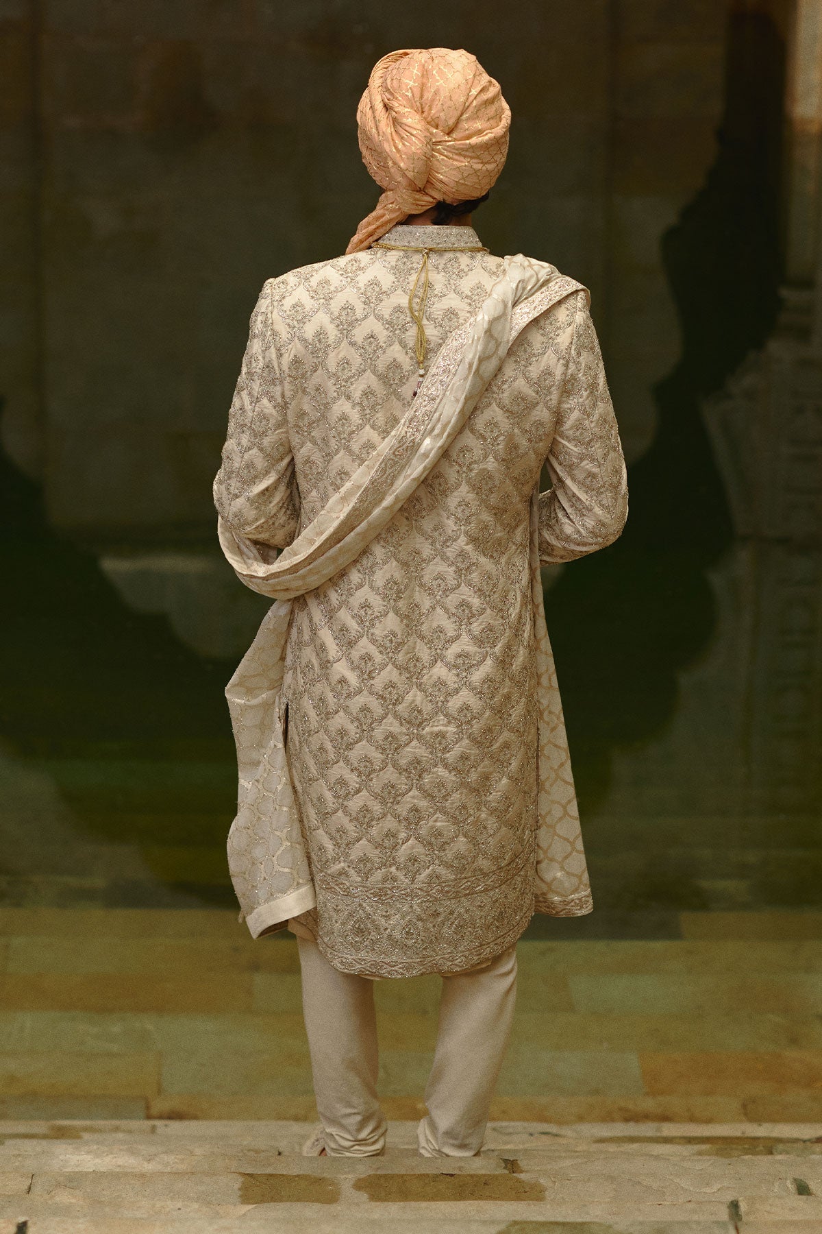 Ivory Dabka Jaal Taffeta Silk Sherwani (3-Piece) - Image 3