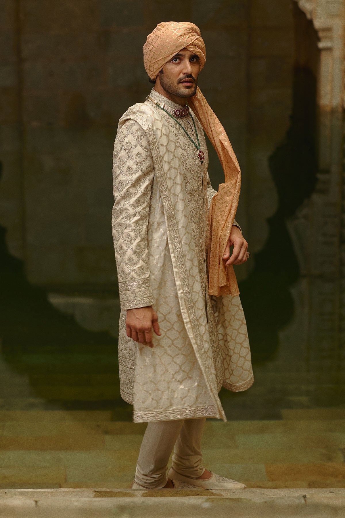 Ivory Dabka Jaal Taffeta Silk Sherwani (3-Piece) - Image 4