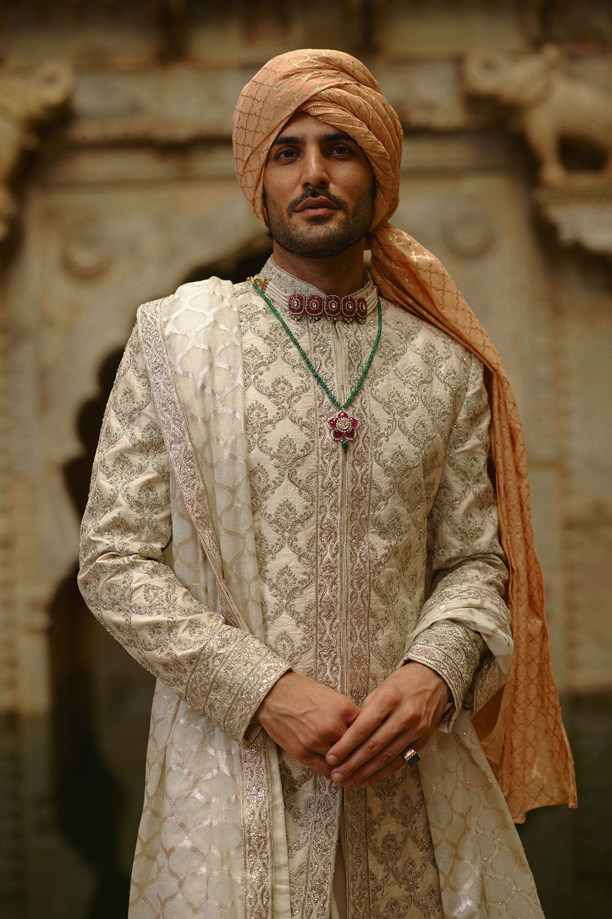 Ivory Dabka Jaal Taffeta Silk Sherwani (3-Piece) - Image 5