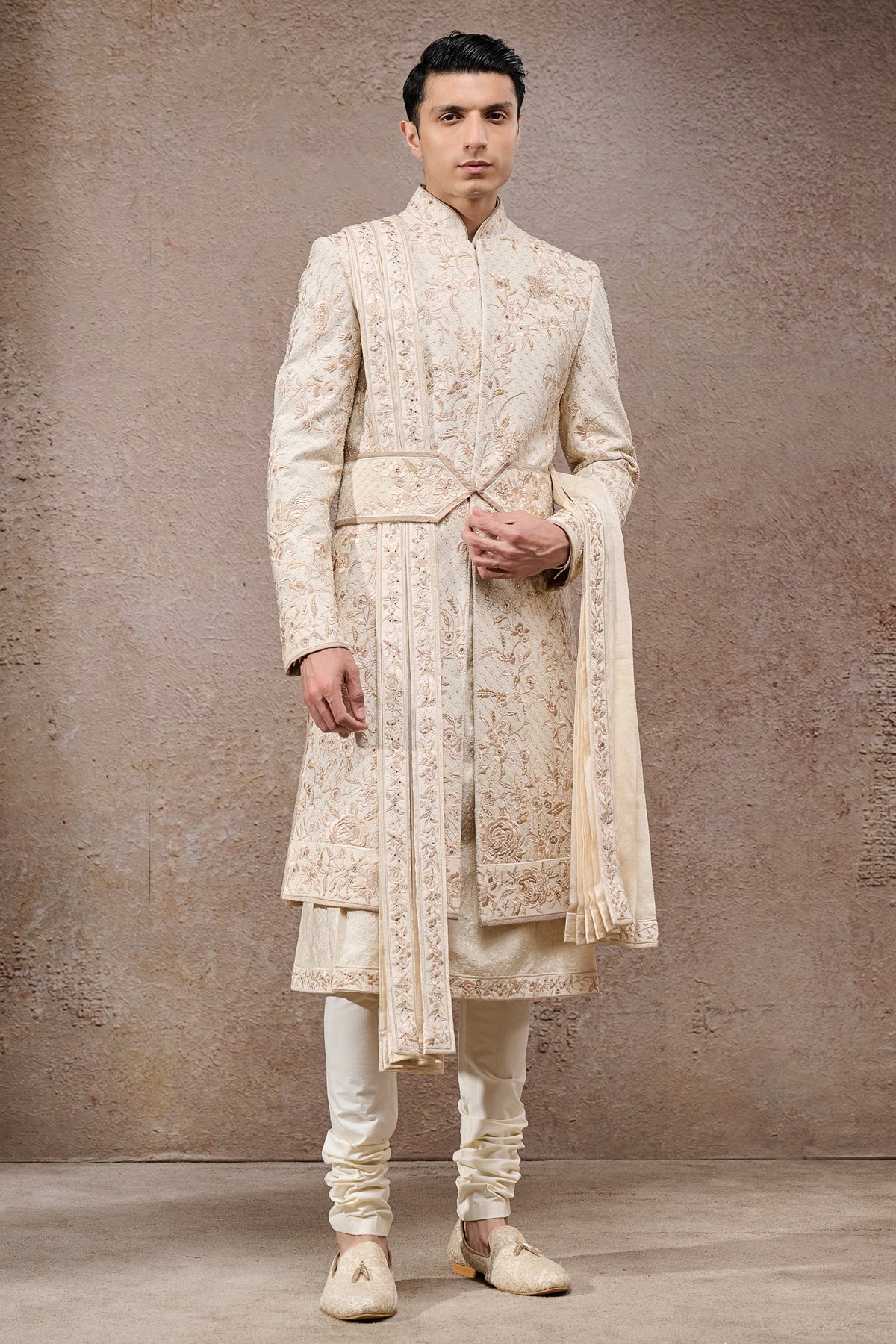 Ivory Floral Jaal Tissue Satin Sherwani (5-Piece) - Image 1