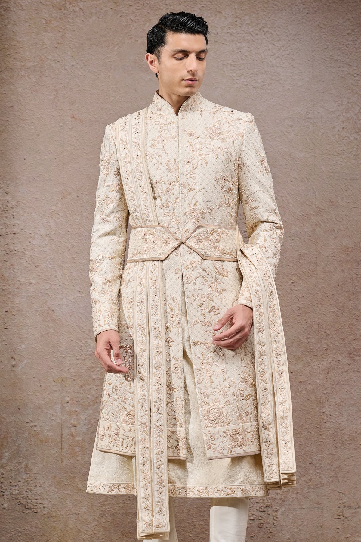 Ivory Floral Jaal Tissue Satin Sherwani (5-Piece) - Image 2