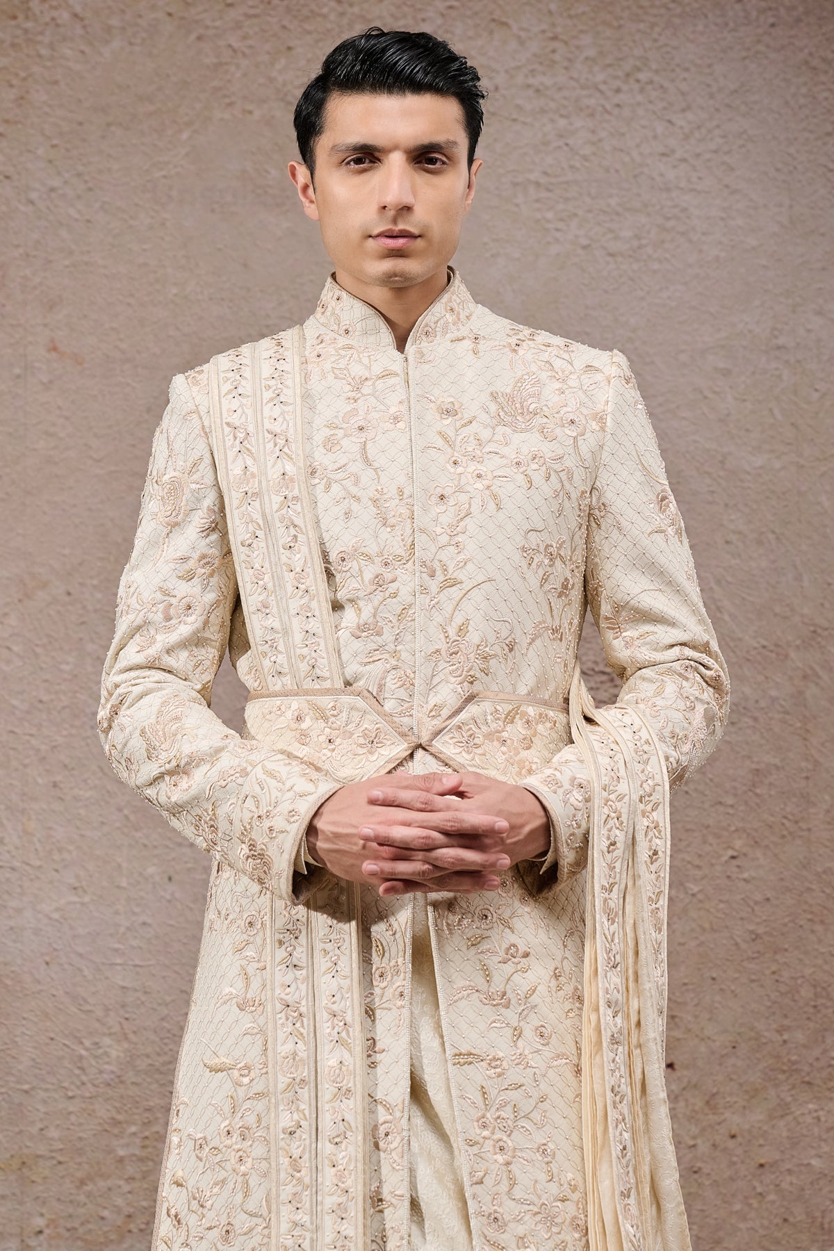 Ivory Floral Jaal Tissue Satin Sherwani (5-Piece) - Image 3