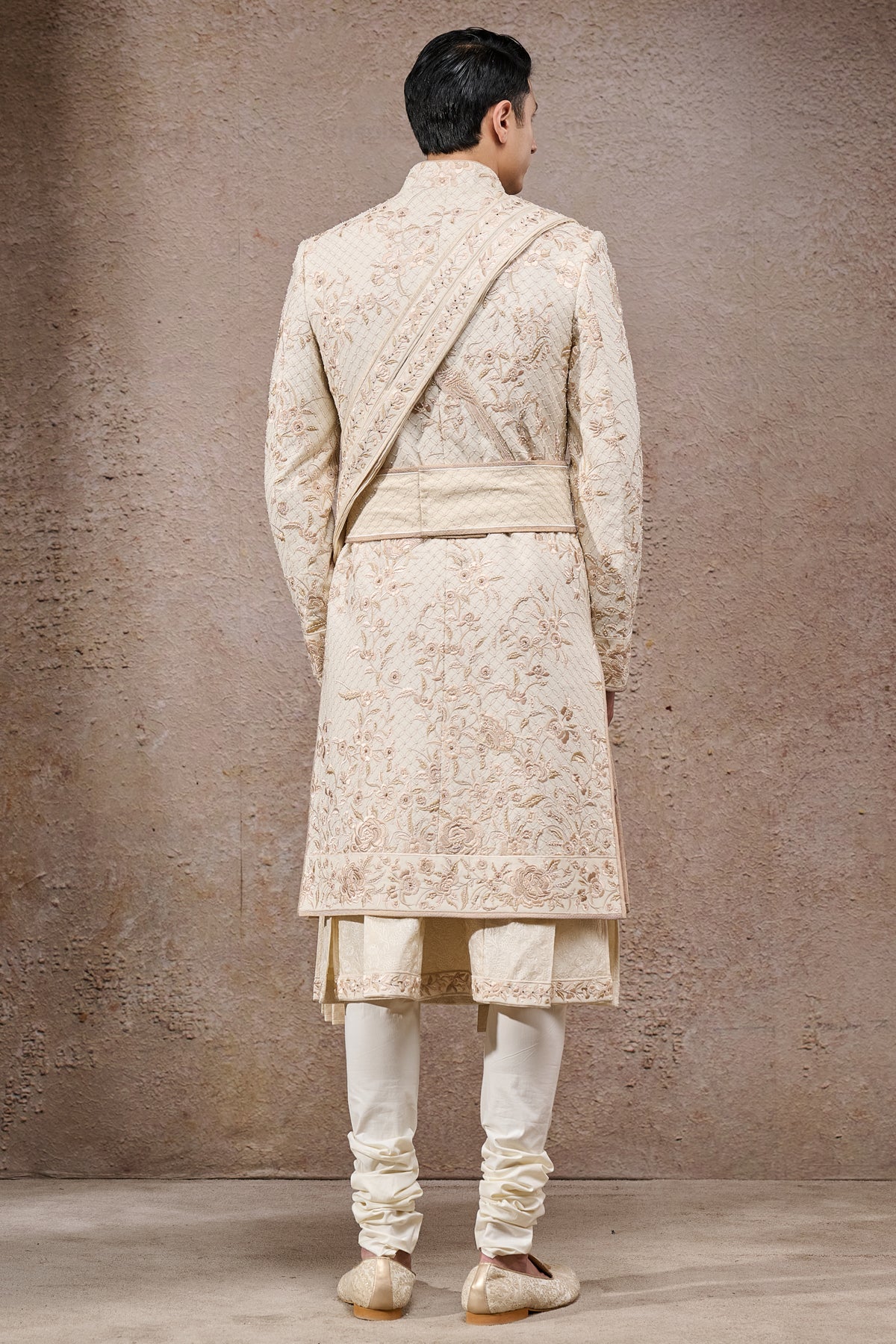 Ivory Floral Jaal Tissue Satin Sherwani (5-Piece) - Image 4