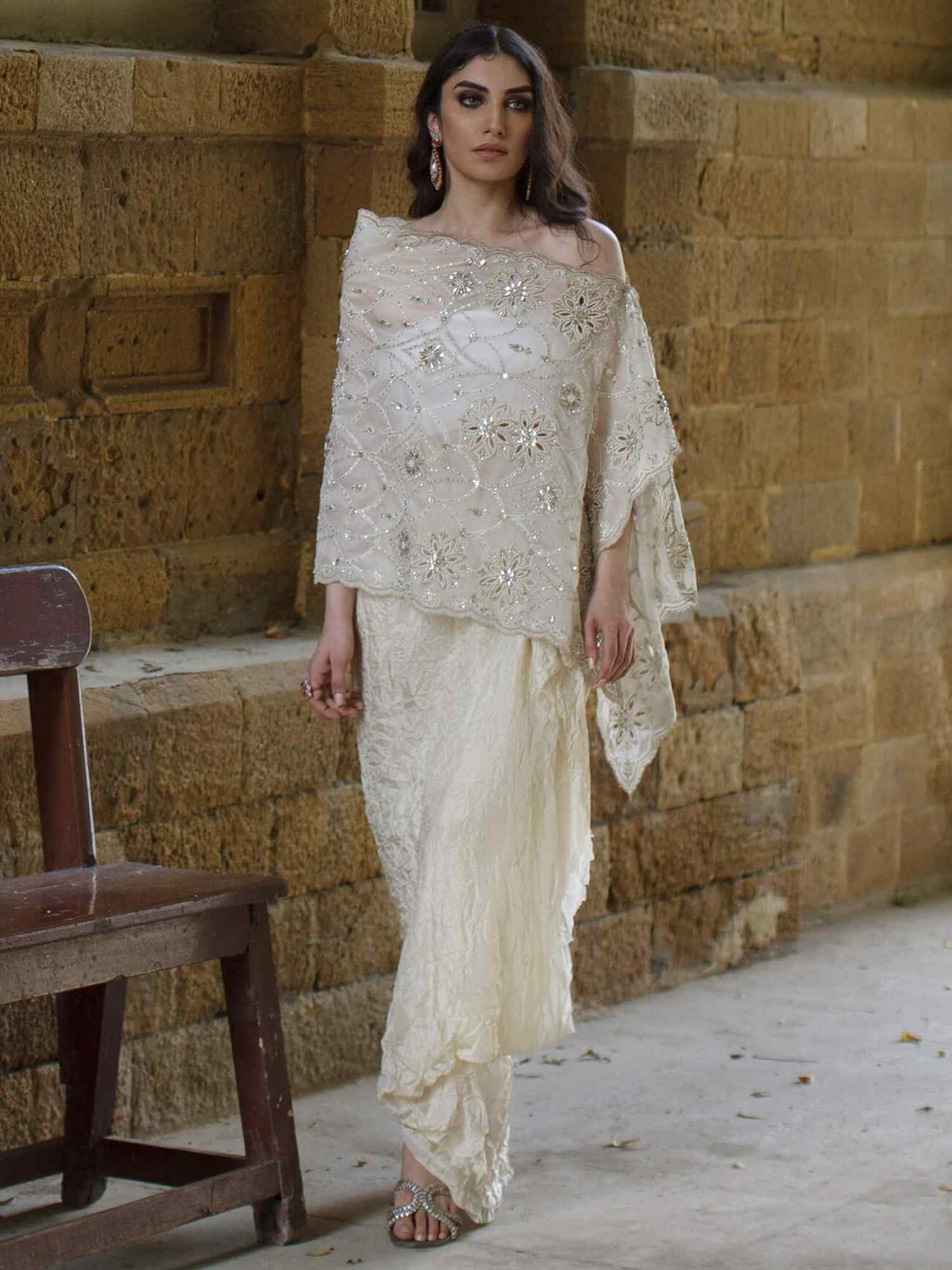 Pakistani Ivory Jewelled Cutwork Organza & Silk Skirt (2-Piece) - Image 1