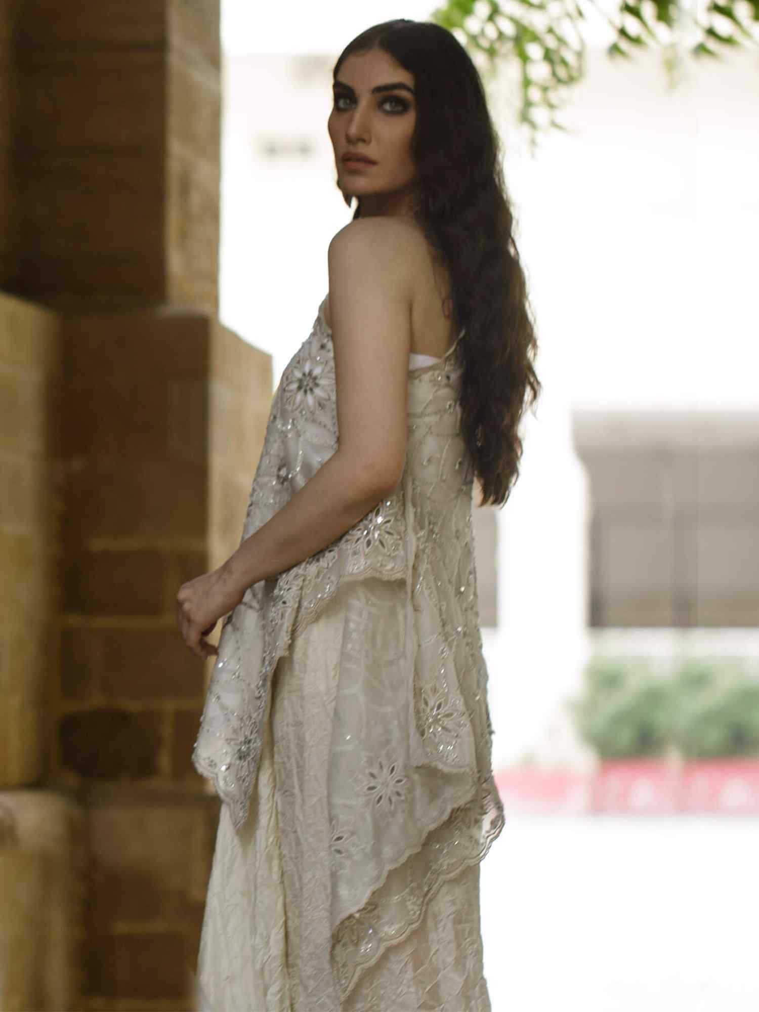 Pakistani Ivory Jewelled Cutwork Organza & Silk Skirt (2-Piece) - Image 2