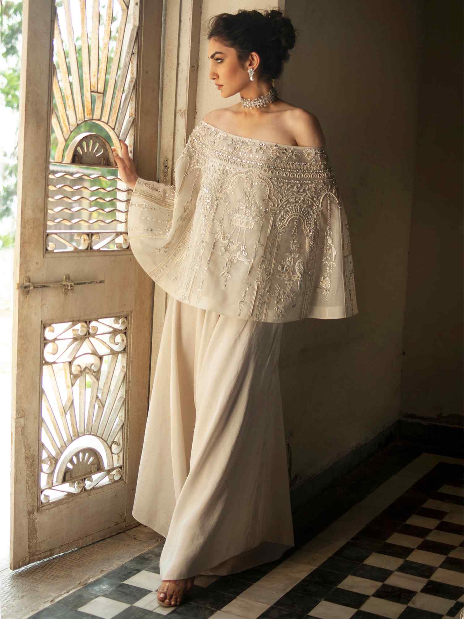 Pakistani Ivory Hand-Embroidered Organza Silk Top with Pants (2-Piece) - Image 1