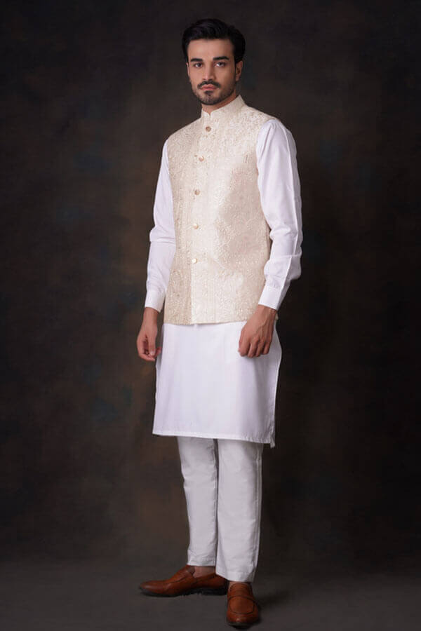 Cream Gold Embroidered Blended Fabric Waistcoat (1-Pc) - Image 1