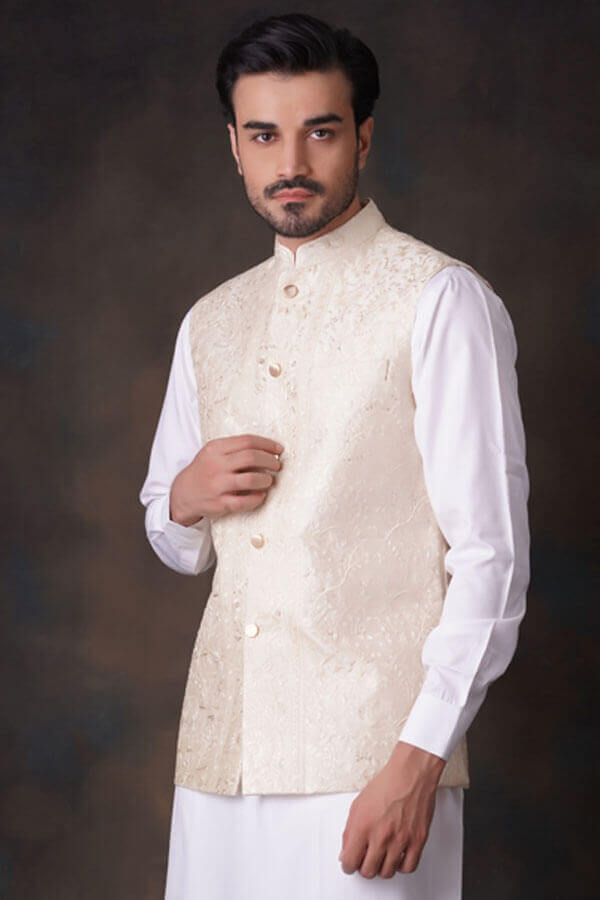 Cream Gold Embroidered Blended Fabric Waistcoat (1-Pc) - Image 2