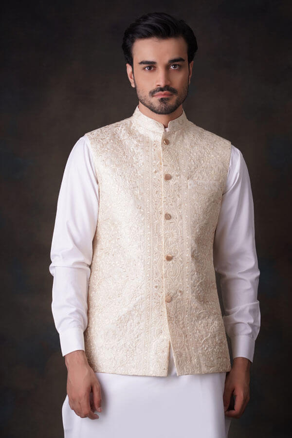 Cream Gold Embroidered Blended Fabric Waistcoat (1-Pc) - Image 3