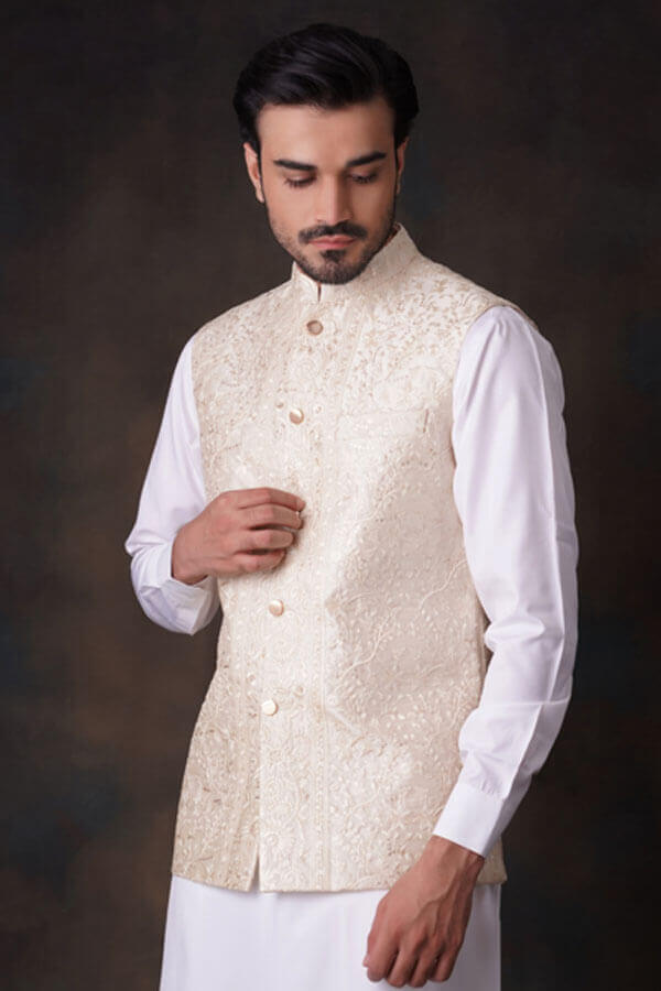 Cream Gold Embroidered Blended Fabric Waistcoat (1-Pc) - Image 4