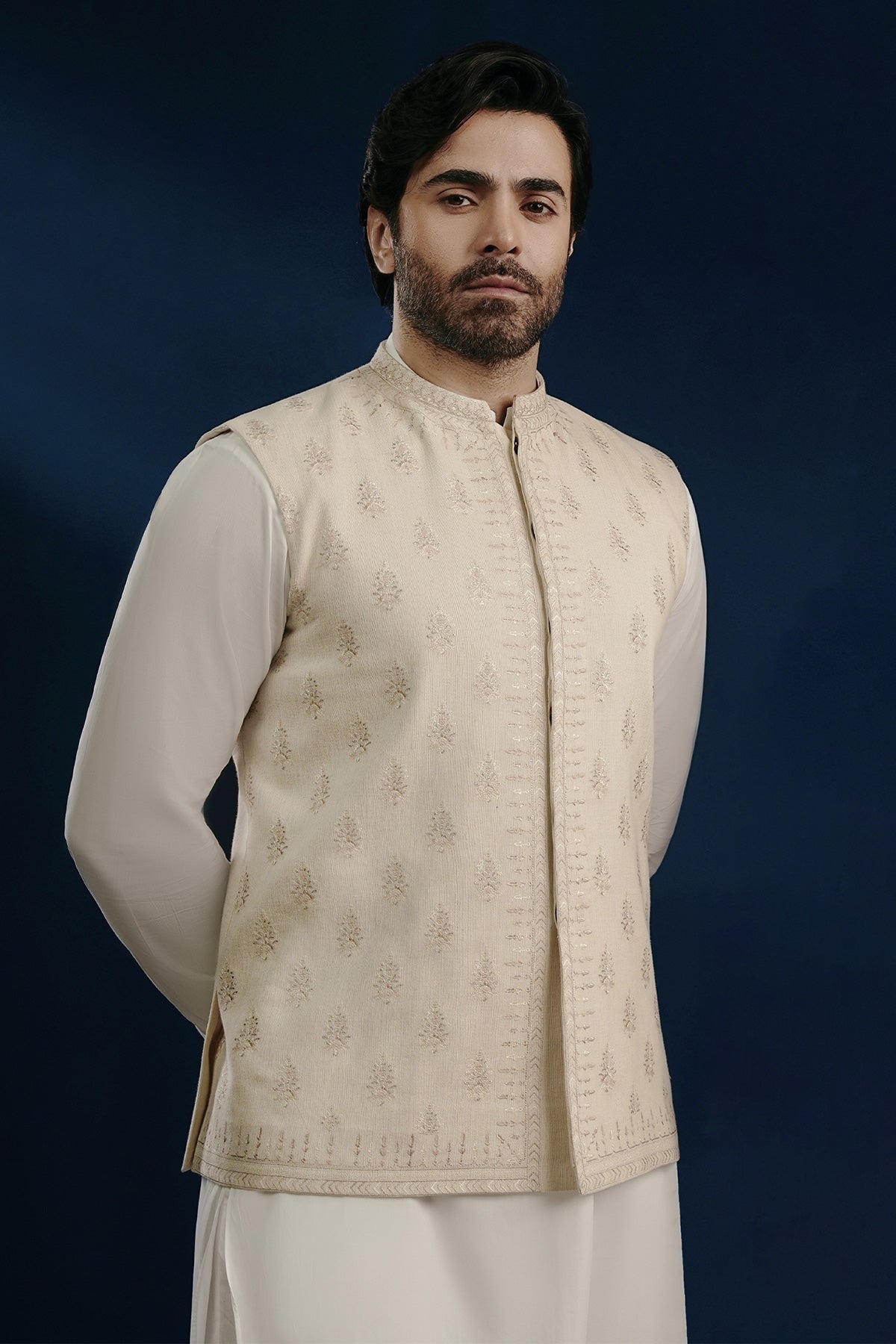 Off-White Embroidered Handloomed Waistcoat (2-Piece) - Image 1