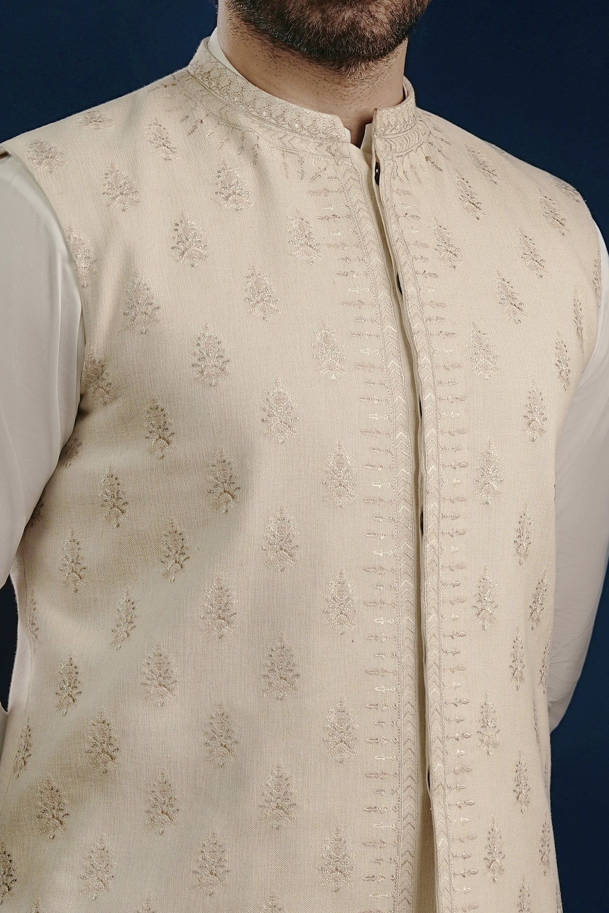 Off-White Embroidered Handloomed Waistcoat (2-Piece) - Image 2