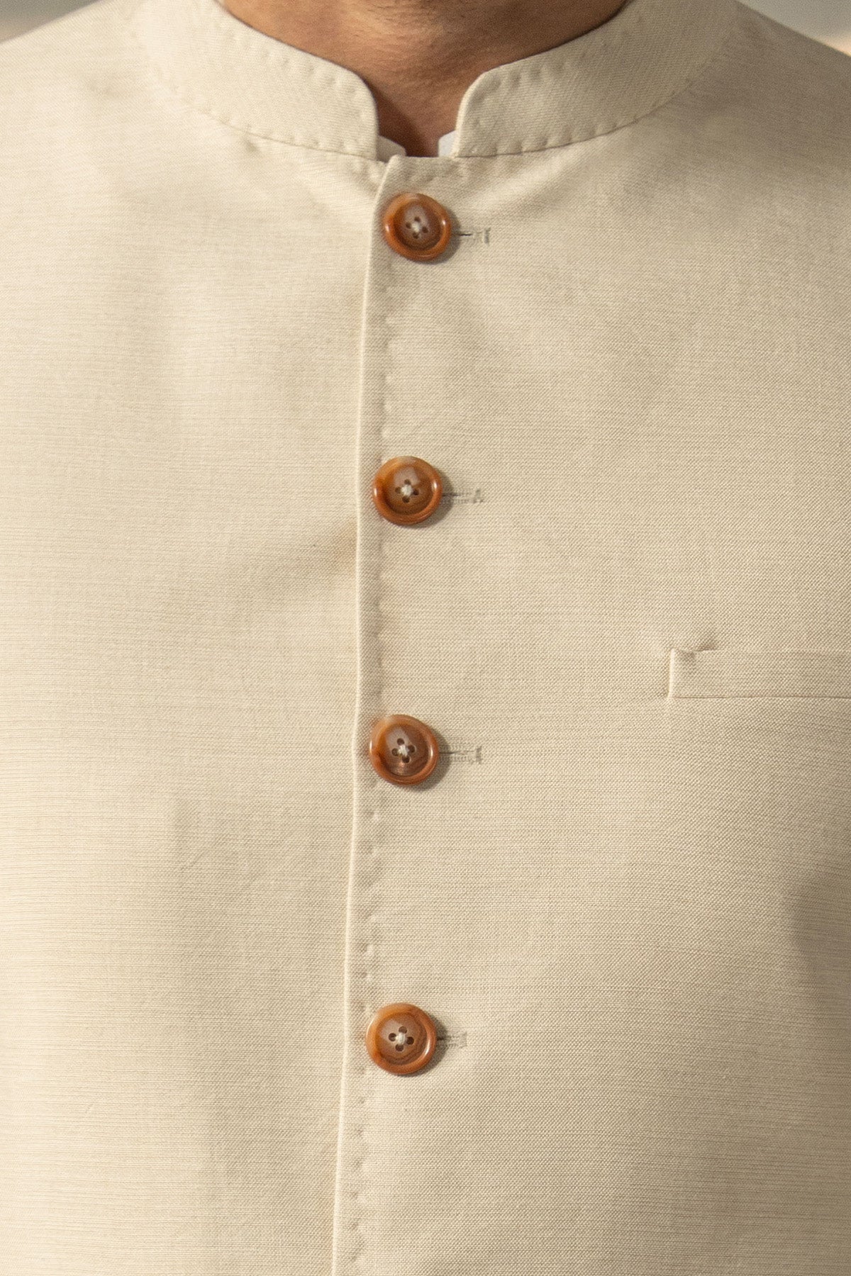 Off-White Handloomed Waistcoat with Mandarin Collar (3-Piece) - Image 1
