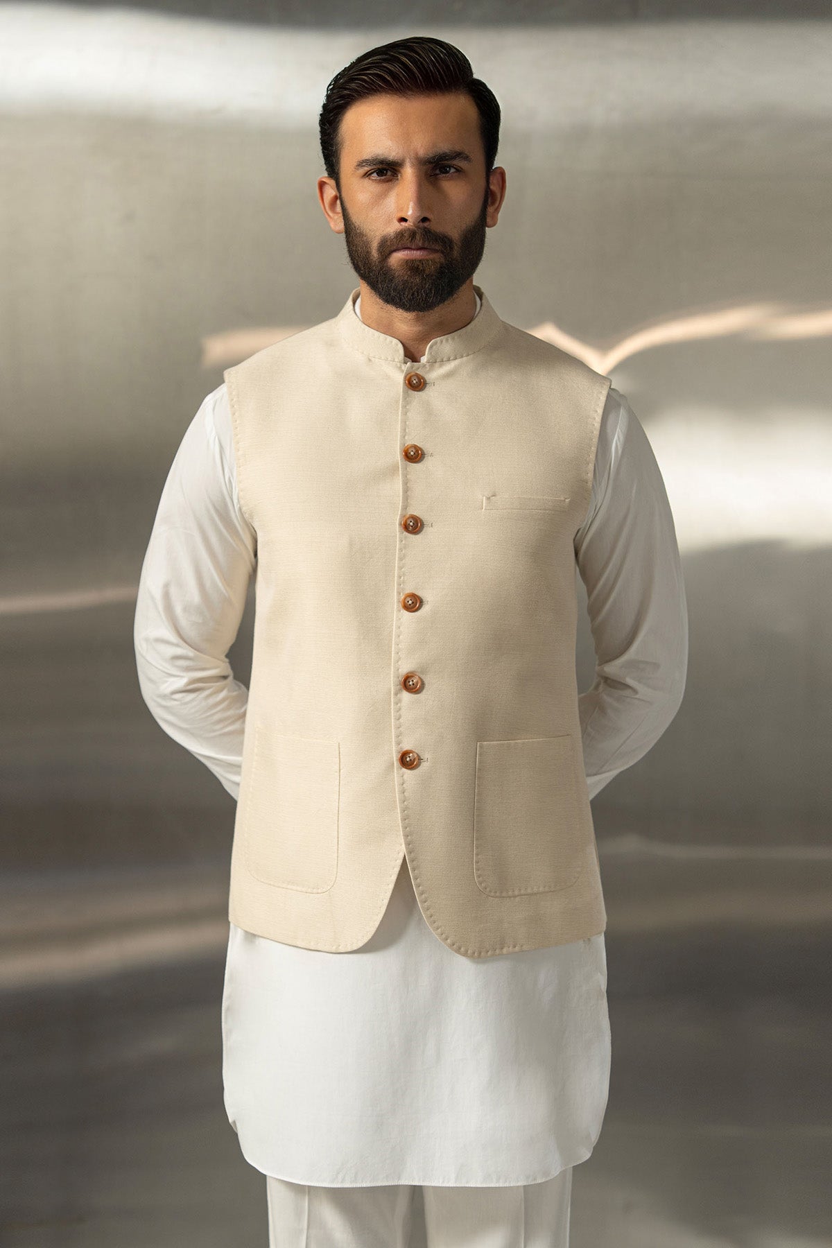 Off-White Handloomed Waistcoat with Mandarin Collar (3-Piece) - Image 2