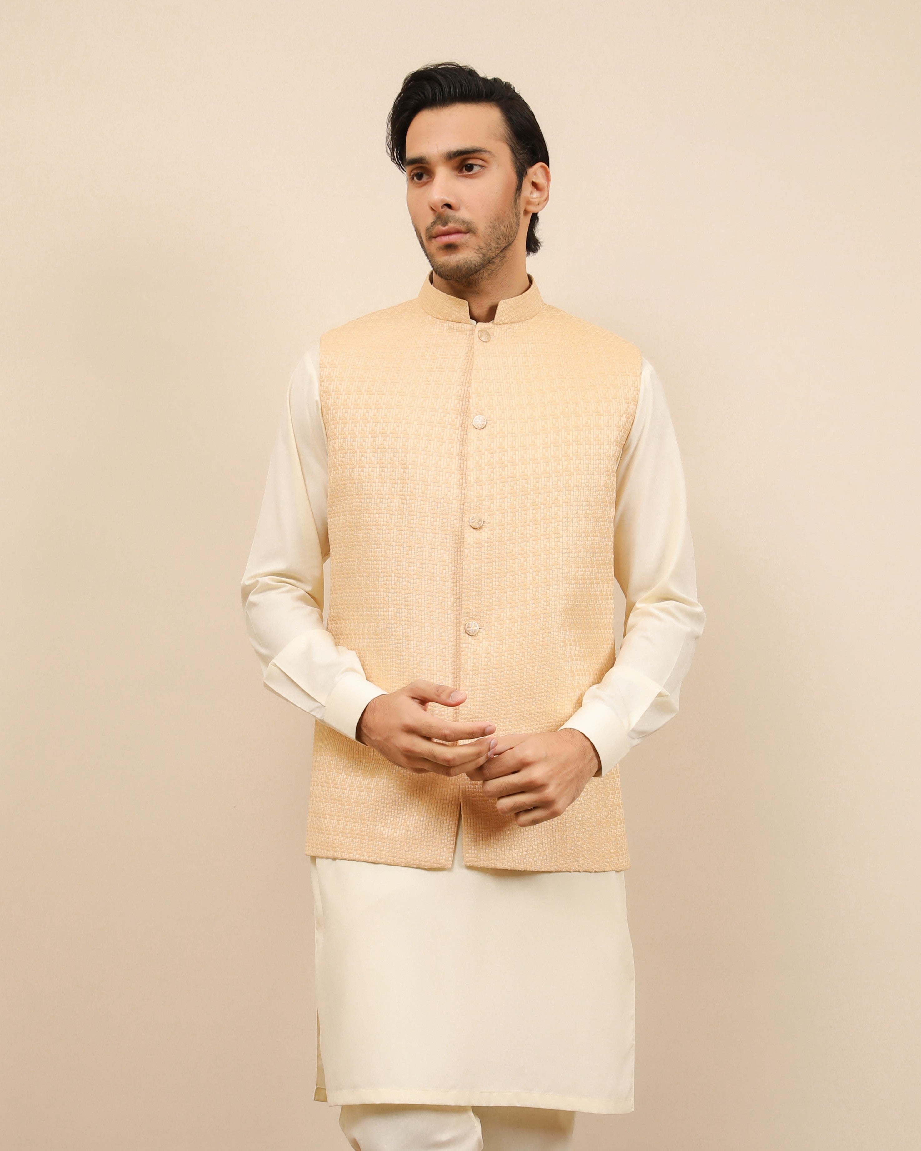 Ivory Textured Jamawar Waistcoat (1-Pc) - Image 3